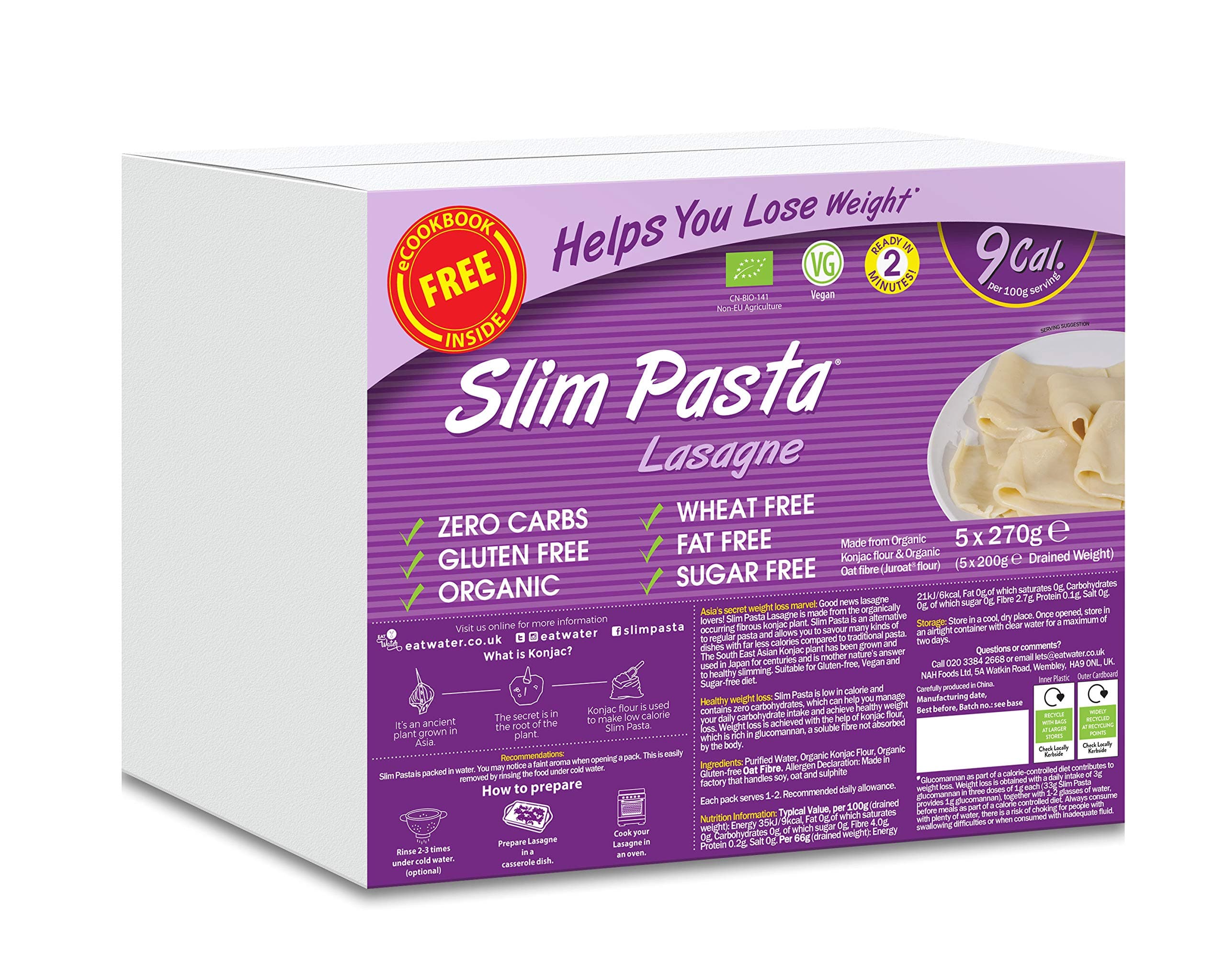 Slim Pasta Lasagne Sheets (Enviro Pack of 5 x 270g) Organic Konjac Flour & Oats Shirataki Pasta, Zero Carb, Low Calorie, Gluten, Fat & Sugar Free, Vegan High Fibre Ready to Eat, Keto Diet Friendly