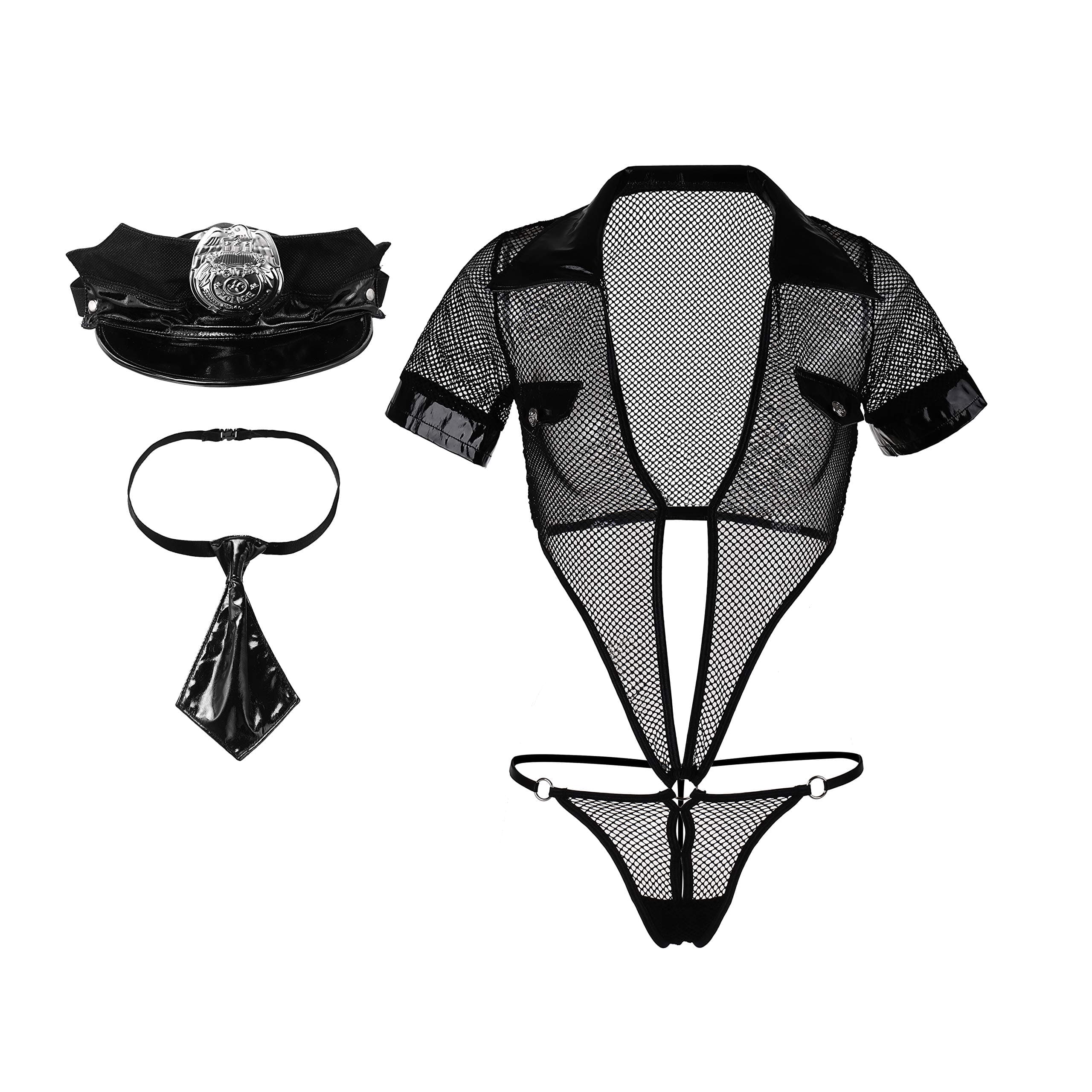 EROMATE Sexy Police Costume for Women Black Mini Officer Lingerie Uniform Dress Backless
