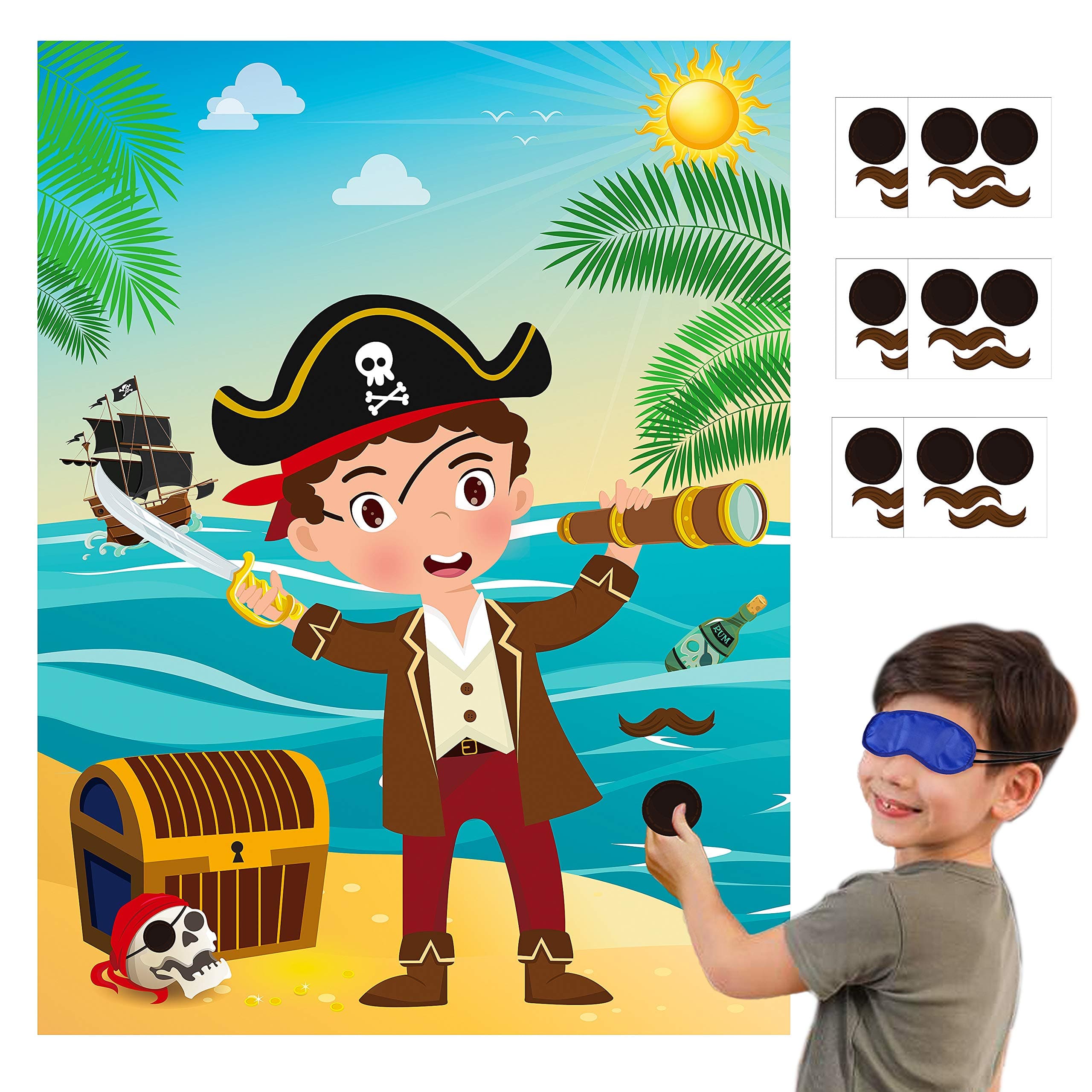 MALLMALL6 Pirate Stickers Party Games for Kids Pin The Eye Patch and Mustache On The Pirates Poster Birthday Party Favors Pin Game Include Blindfold Sticker Caribbean Pirate Party Supplies Decoration