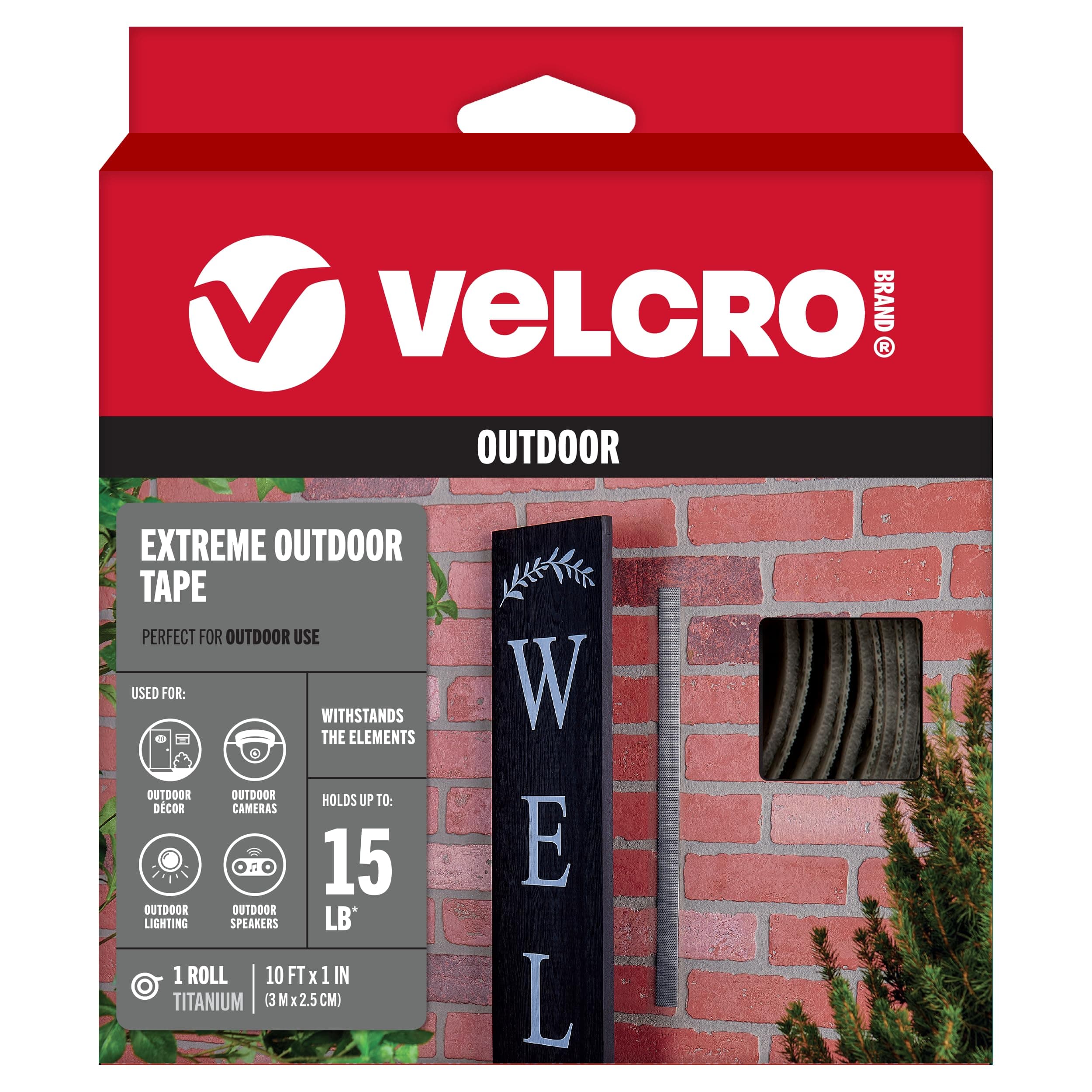 VELCRO Brand Extreme Outdoor Heavy Duty Tape | 10Ft x 1 In | Holds 15 lbs | Titanium, Industrial Strength Adhesive Back Rolls | Strong Weather Resistant for Brick, Concrete (91365)