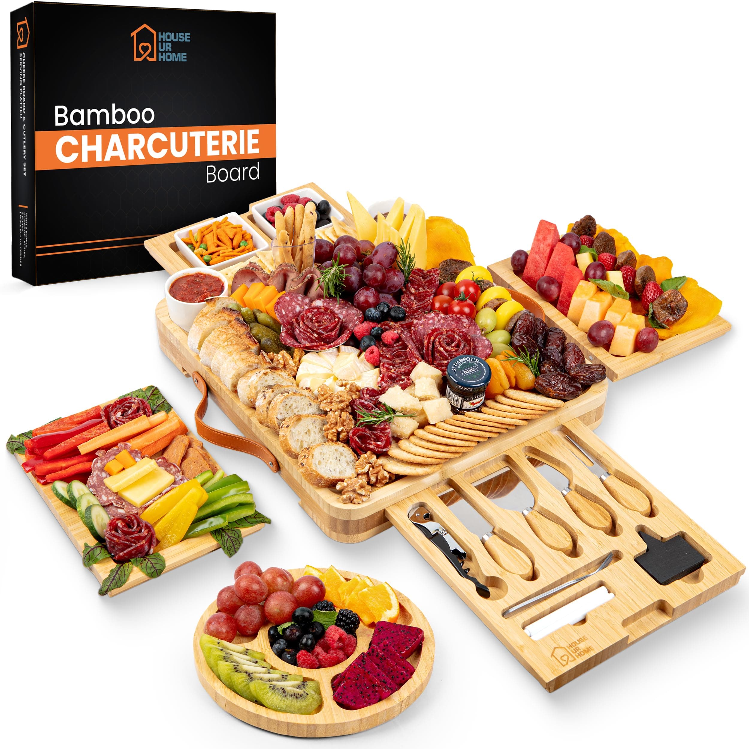 Bamboo Cheese Board With Cutlery Server Set Meat Wood Charcuterie Serving Platter Tray With 2 Ceramic Bowls & 3 Slate Labels & 2 Chalk Markers.With Hidden Drawer Comes with 4 Stainless Steel Knives