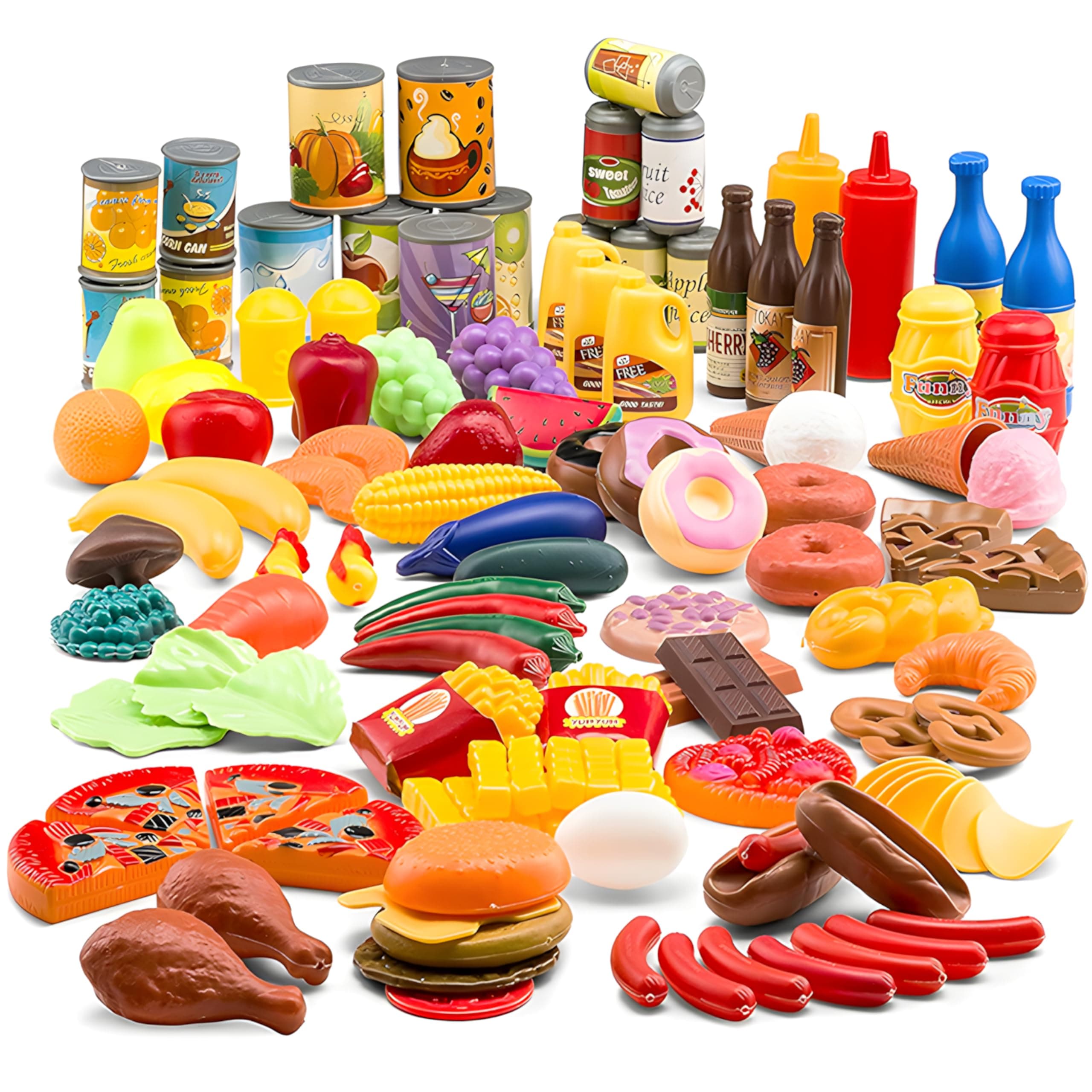 Jaxojoy 122 Piece Pretend Food Set for Kids - Food Toys for Kids Kitchen Set - Pretend Play Kitchen Accessories and Playset for Interactive and Imaginative Activities