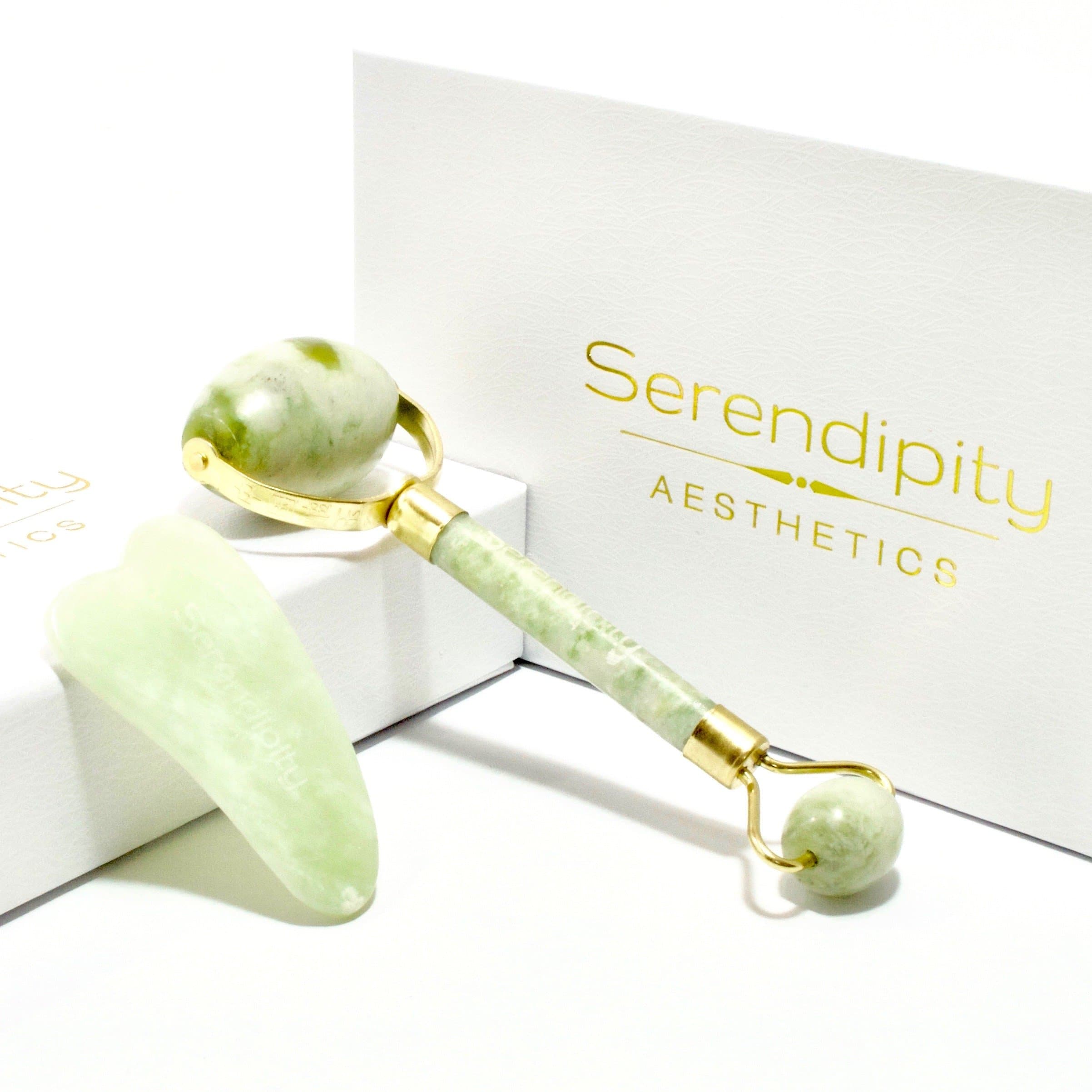 NEW Luxe Jade Roller and Gua Sha Facial Massage Set by Serendipity Aesthetics, Jade Roller for Face and Gua Sha Tool are 100% Natural Jade Stone
