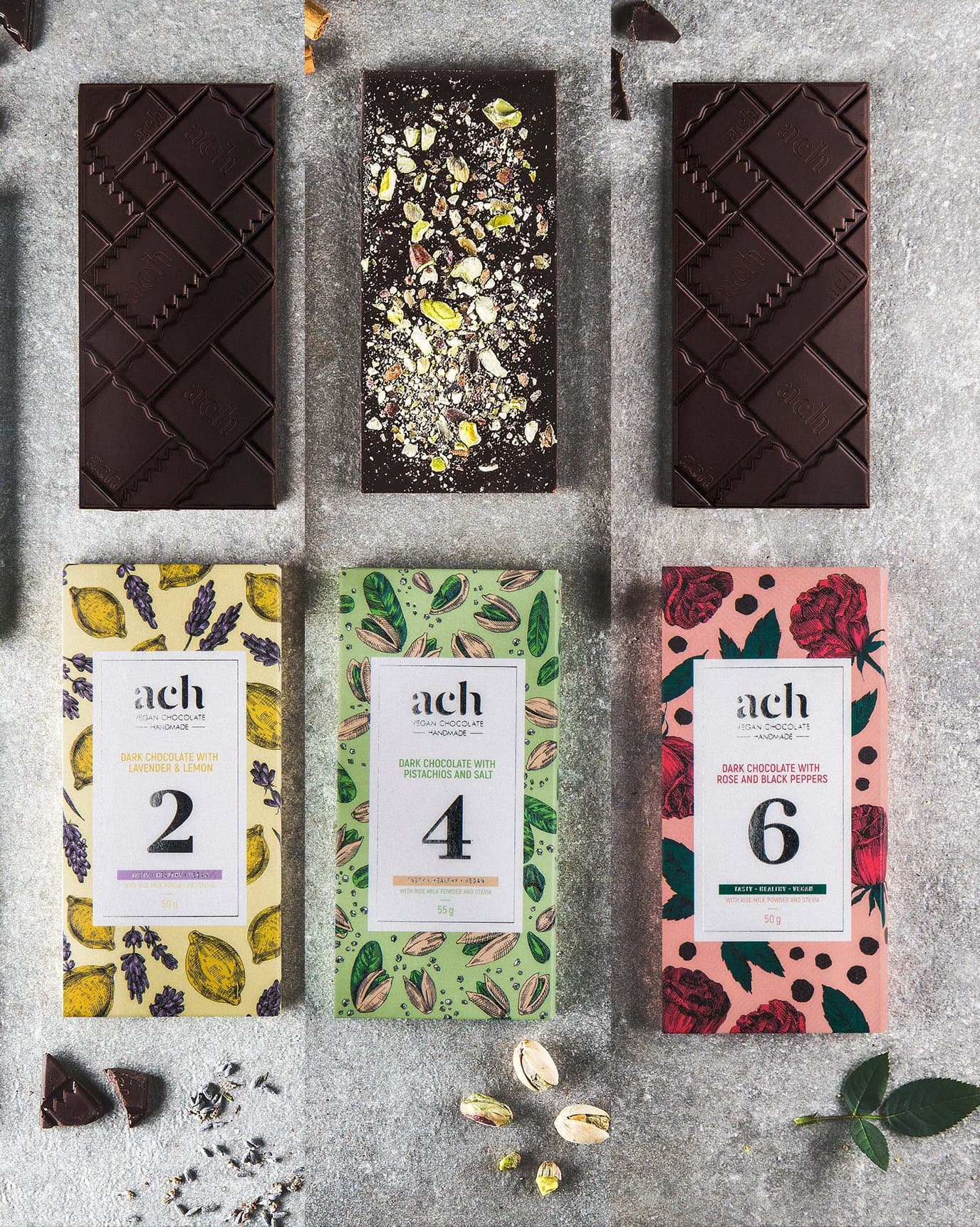 Luxurious Organic Vegan Handmade Dark Chocolate Set Gift 3 Flavors Dark Chocolate with Lavender and Lemon / Pistachios and Salt / Rose and Black Peppers