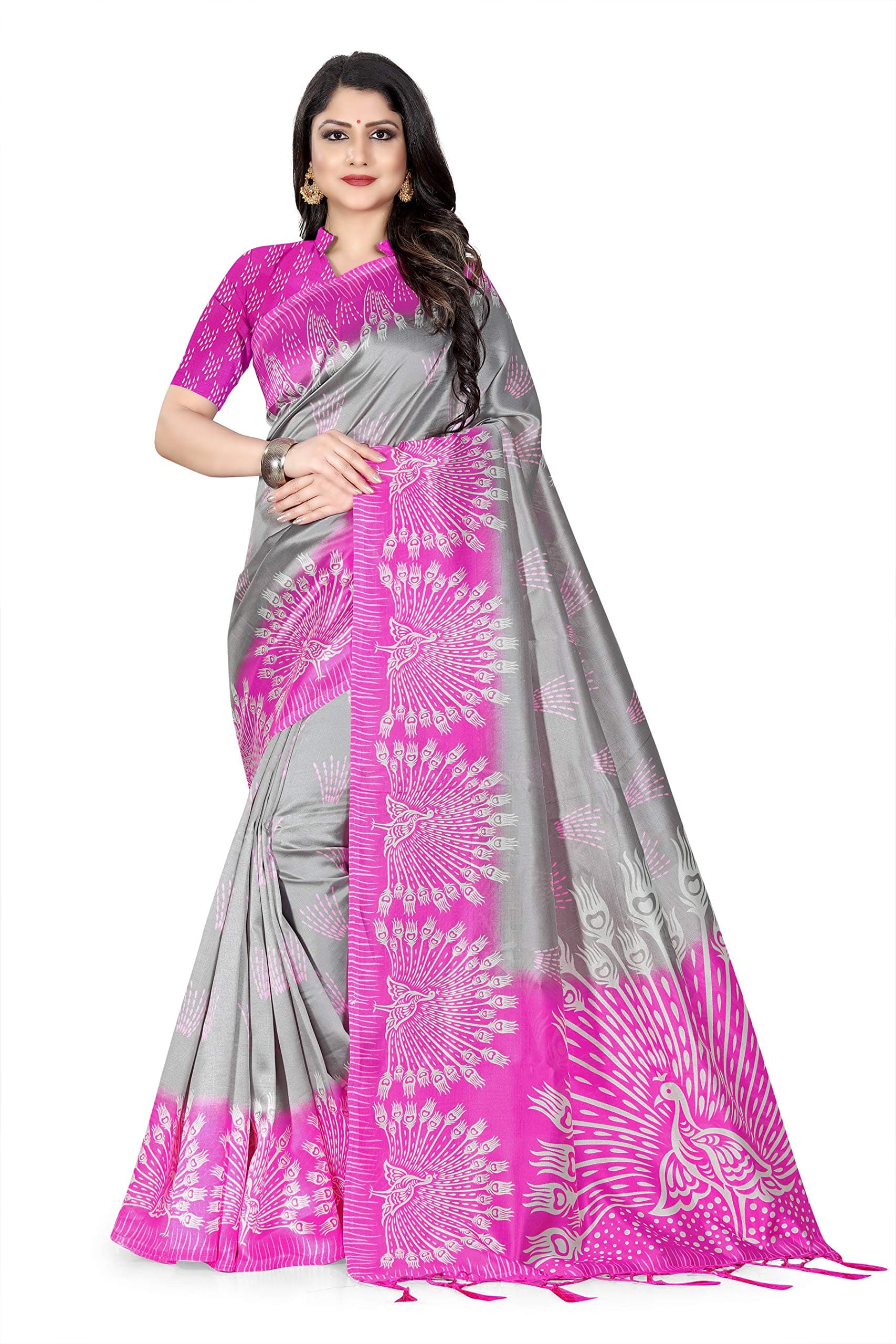 The Fashion Outlets TFO Women's Raw Silk Printed Bhagalpuri Saree with Blouse Piece (heavy border in white and maroon 521, Grey, Pink)