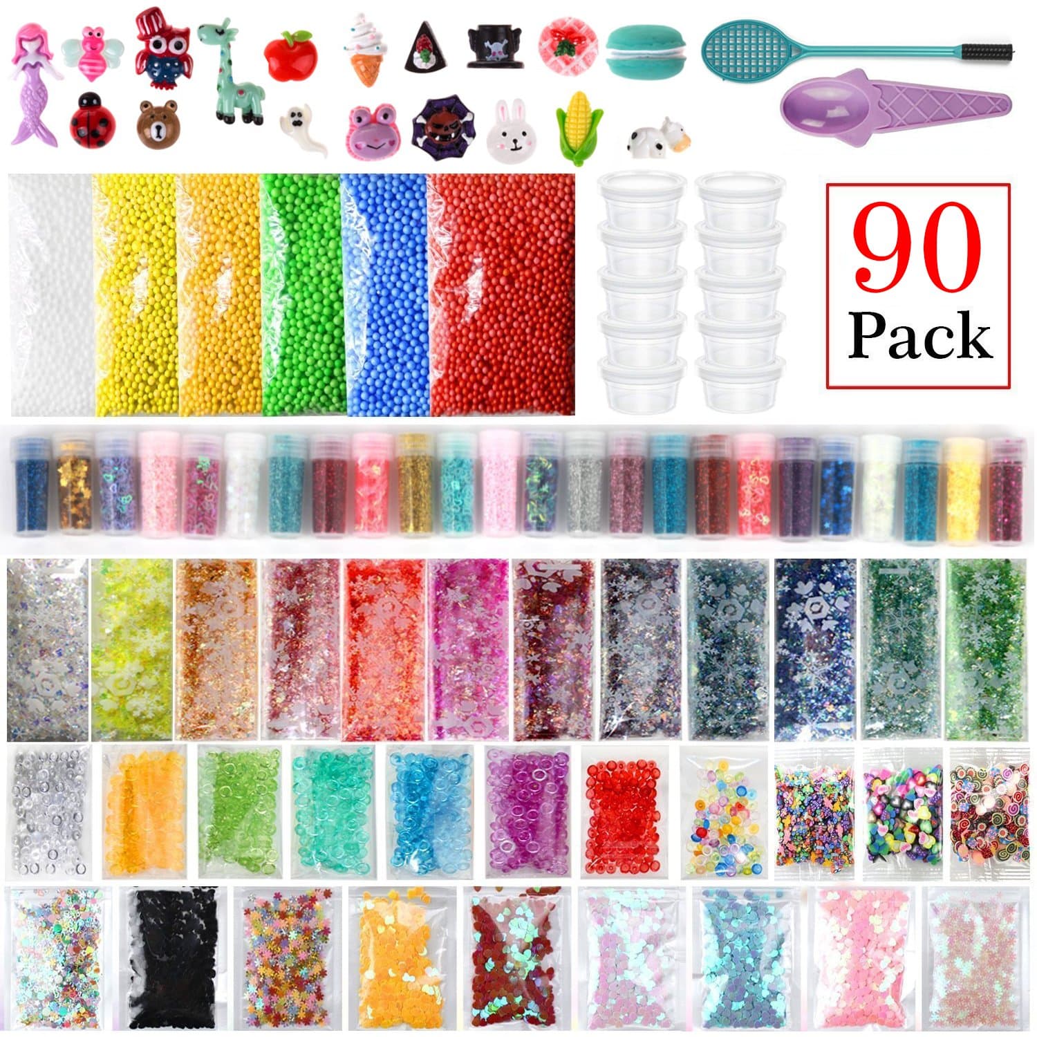 Slime Supplies Kit, 90 Pack Slime Beads Charms, Include Fishbowl beads, Foam Balls, Glitter Jars, Fruit Flower Animal Slices, Pearls, Slime Tools for DIY Slime Making, Homemade Slime, Girl Slime Party