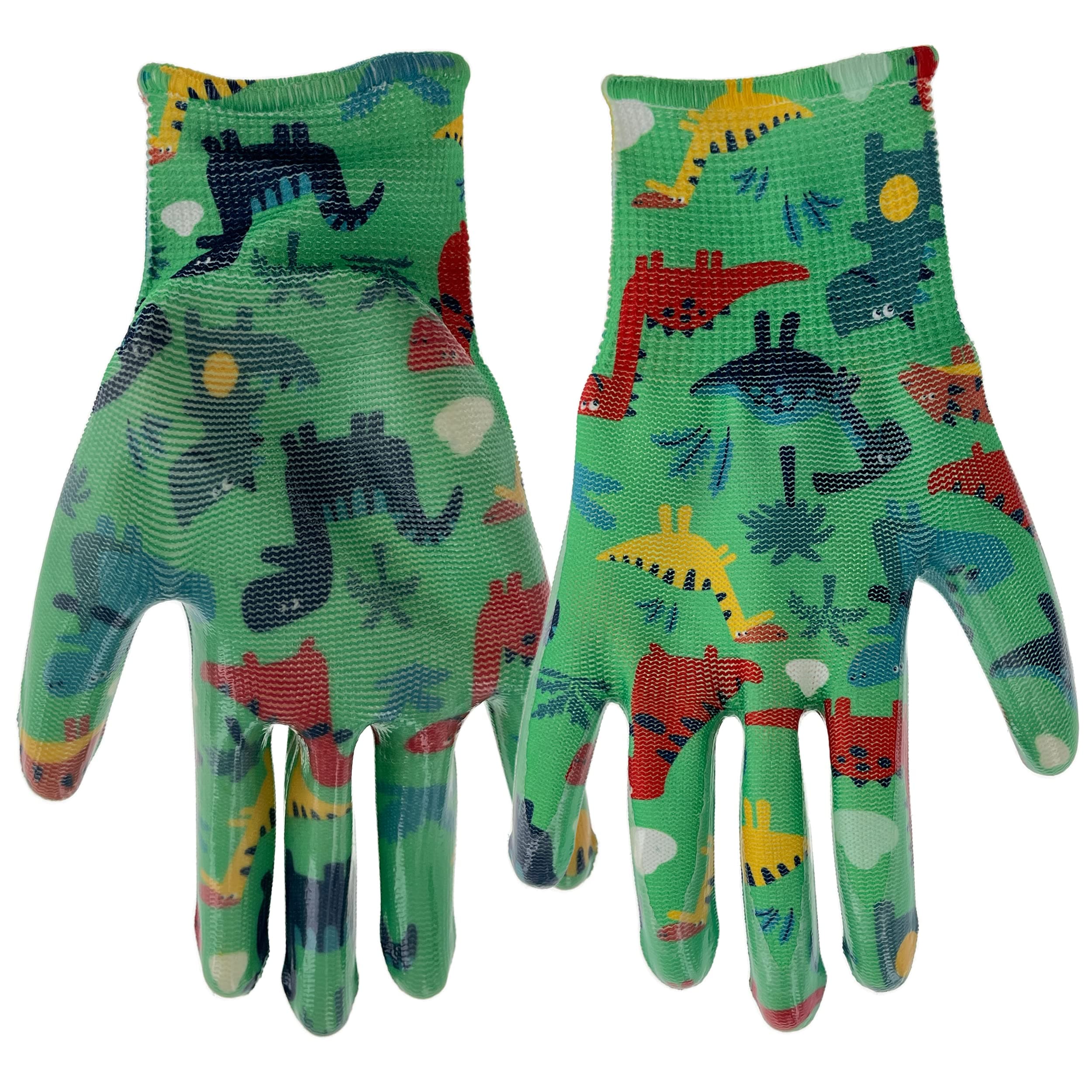Simply MUD Kids (ages 5-8) Garden Gloves, Nitrile Coating, Lightweight, High Dexterity, Moisture Wicking, Green/Dino Pattern (MD31041M)