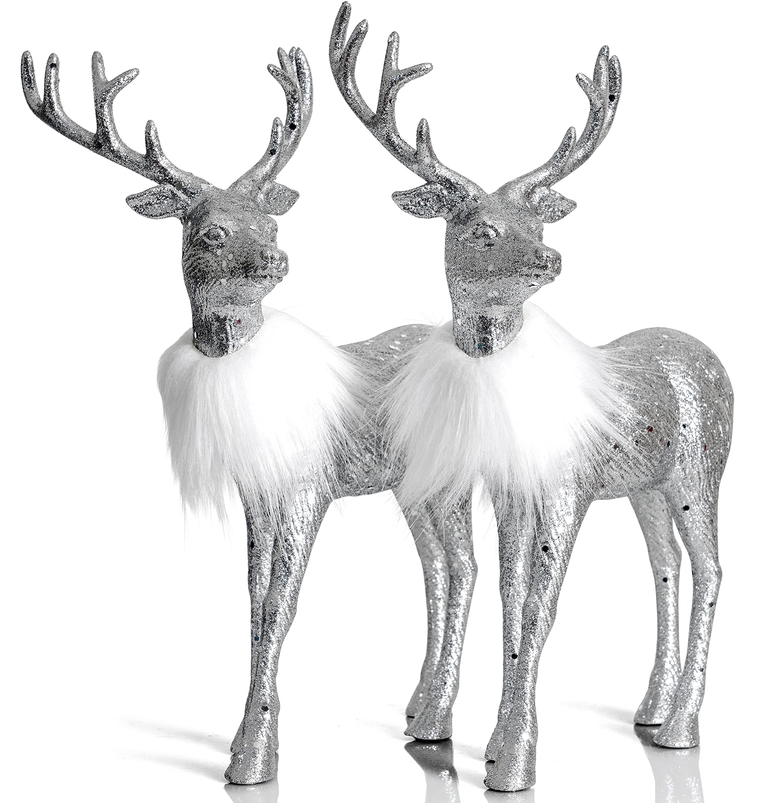 Silver Glitter Christmas Reindeer - Xmas Holiday Party Deer Figurine Statues Dinner Tabletop Decorations Centerpiece Mantle - 12" Pack of 2