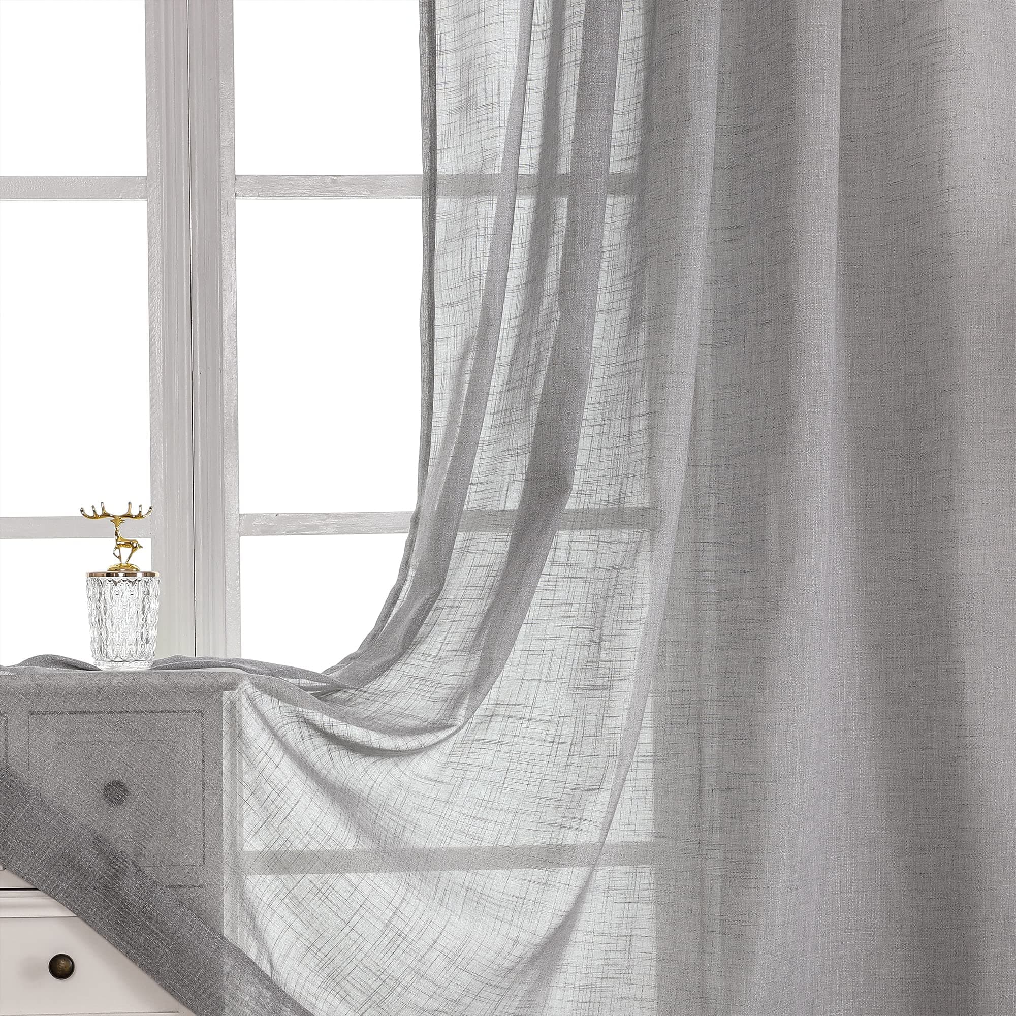 VISIONTEX Grey Sheer Curtains Faux Linen Textured Window Treatment Drapes for Bedroom Living Room, Set of 2 Panels,Top Rod Pocket, W54 x L84