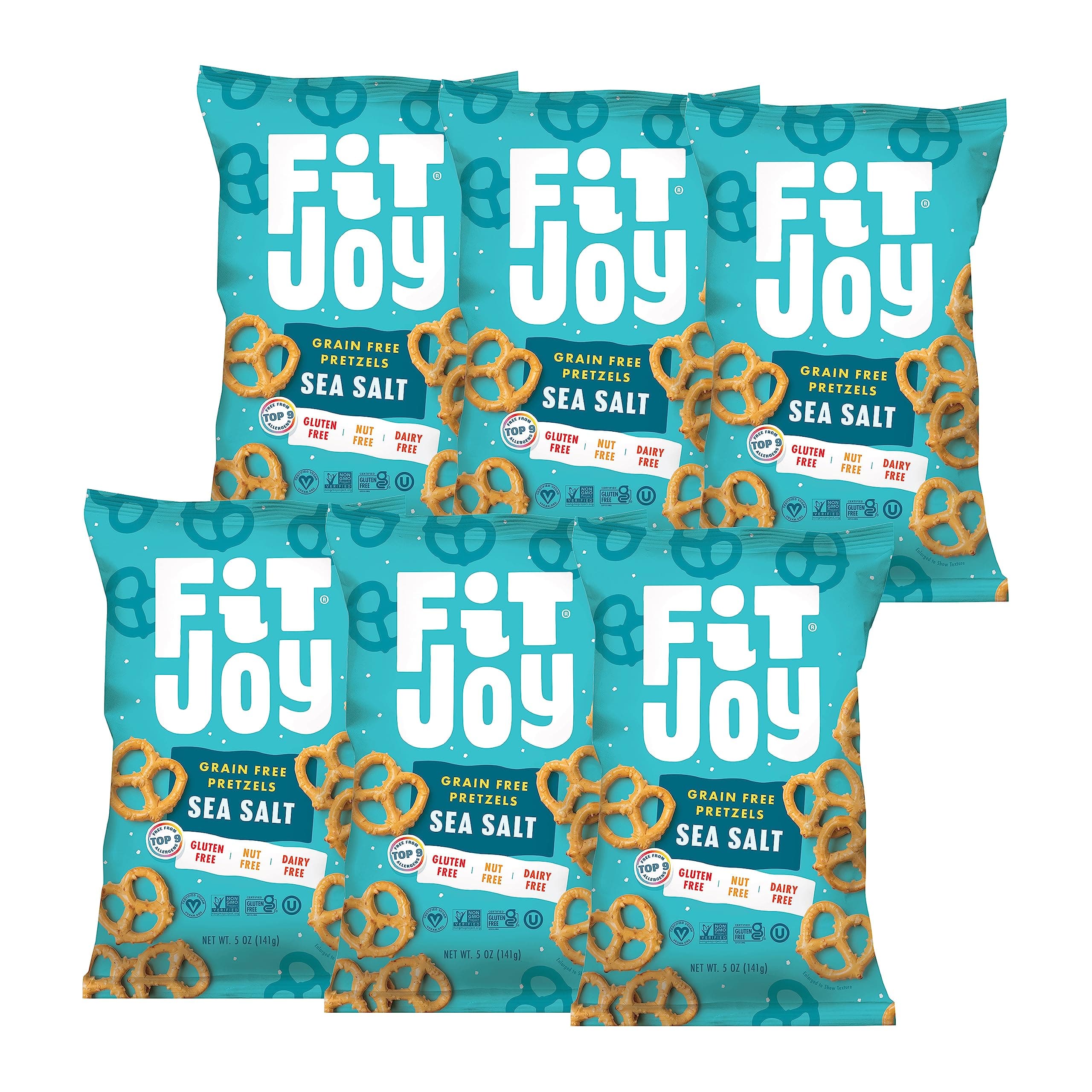 - FitJoy Sea Salt Pretzels (Pack of 6, 5 Oz) - Dairy, Nut & Gluten Free Snacks - Grain Free Cassava Root & Chickpea Flour Vegan Pretzel Twists - Classic Snack Pretzels for Moms, Children and More