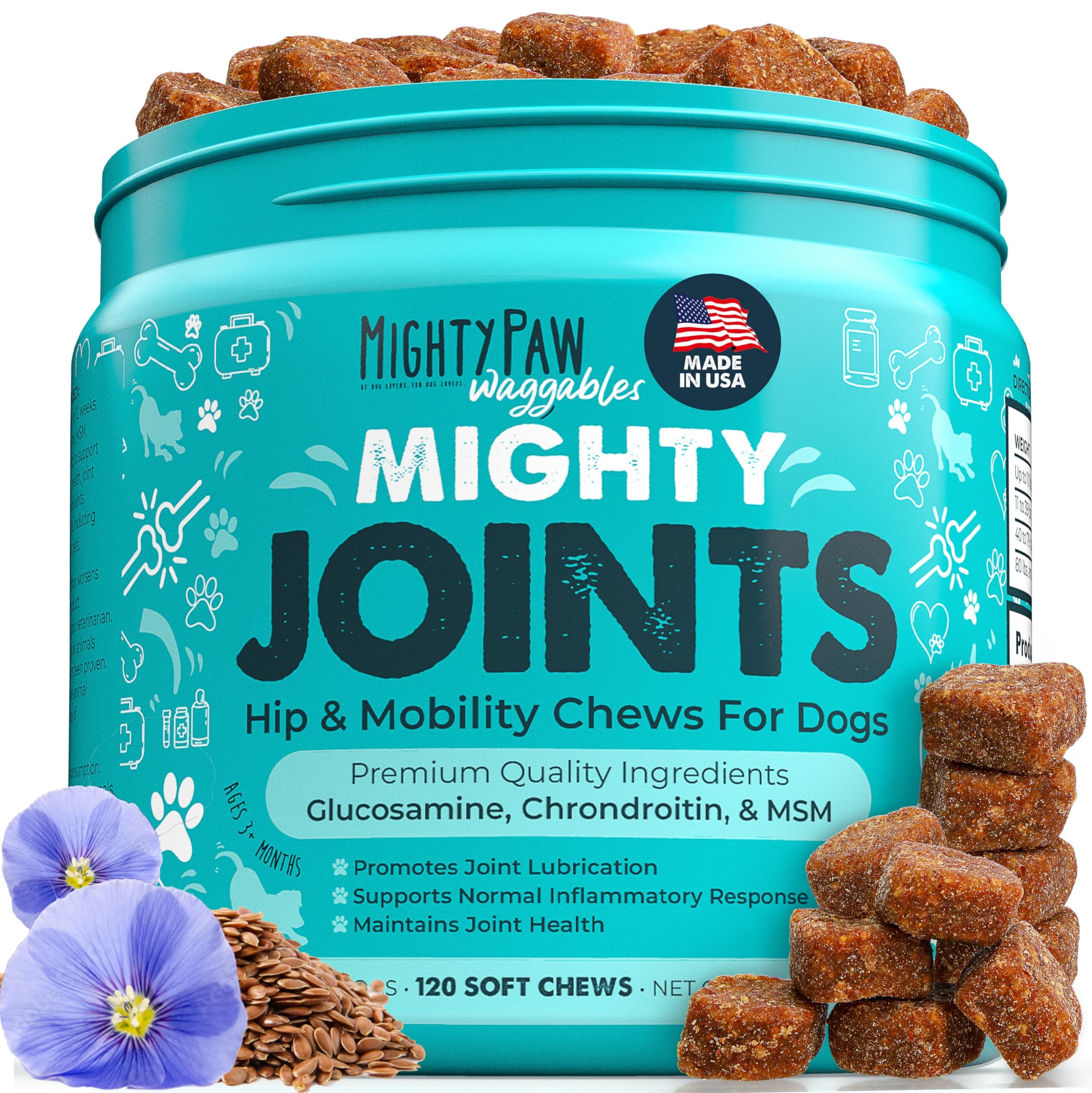 Mighty Paw Waggables Joint Support Supplement for Dogs (Made in USA) | Glucosamine for Dogs Hip and Joint Supplement. Vet Formulated Pet Mobility, Chondriotin & MSM Pet Chews (120 Ct)