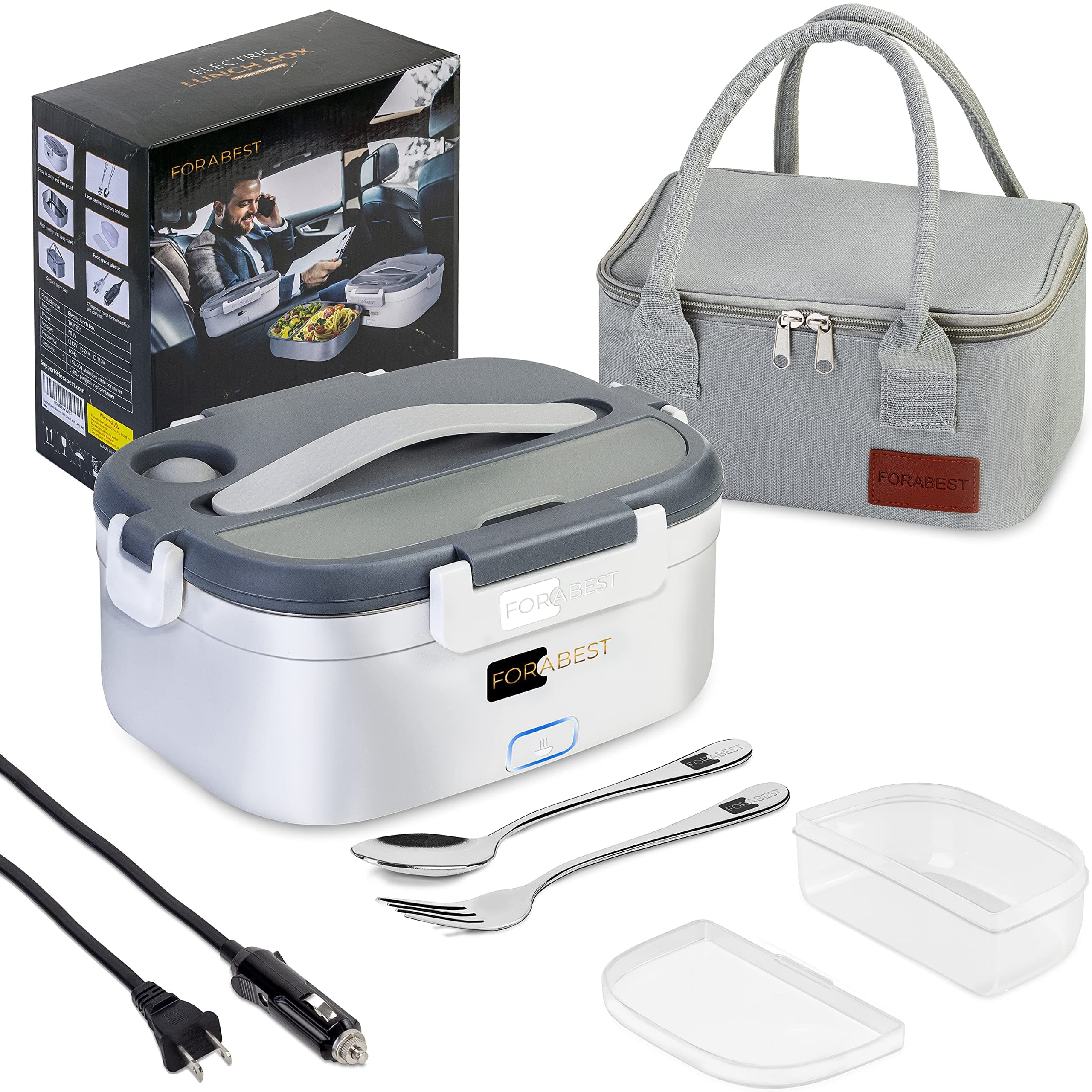 FORABEST Electric Lunch Box Food Heater Upgraded 60W Leakproof 2-in-1 Portable Food Warmer Lunch Box for Car & Home with Power on Button, Removable Container, Large Fork, Spoon