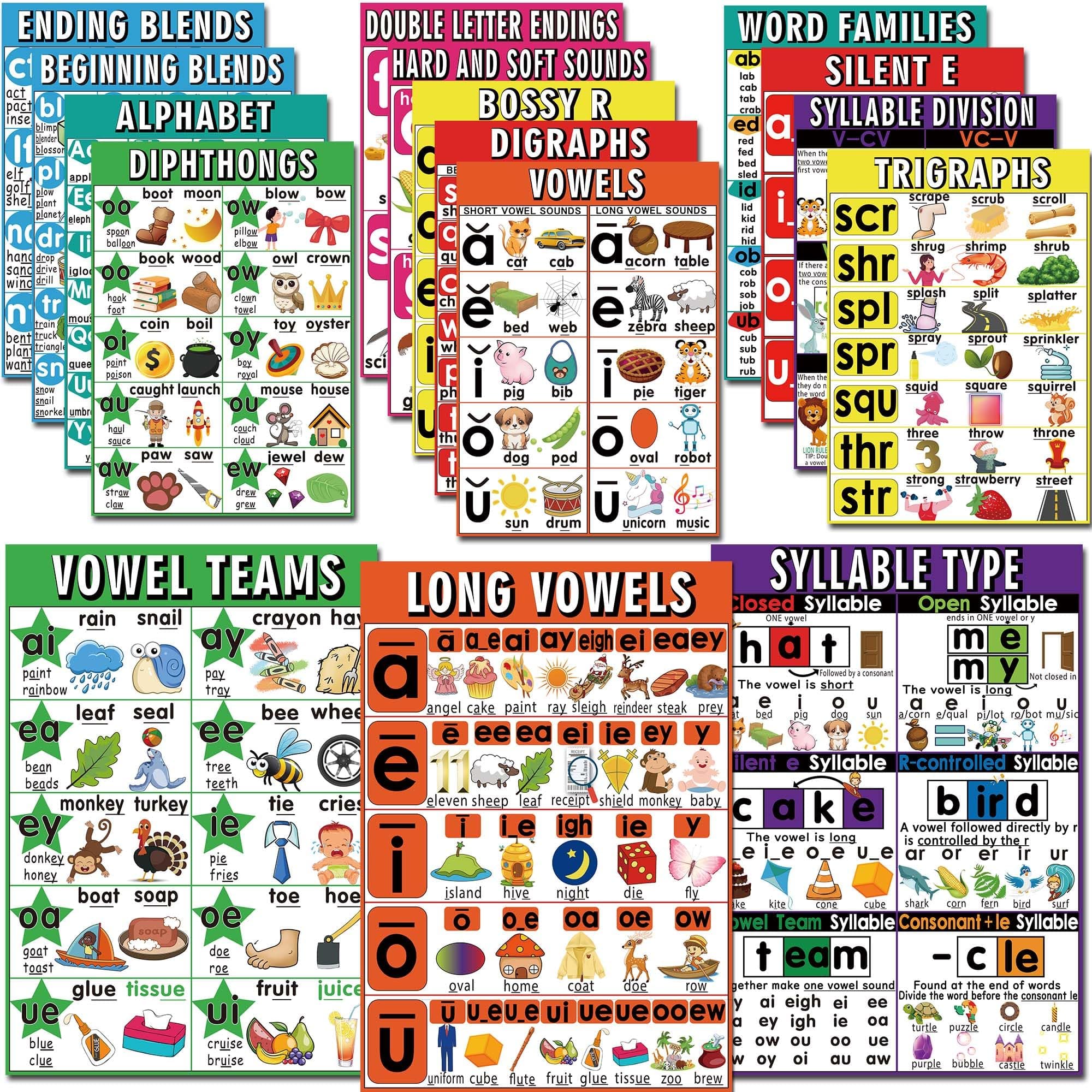 DFZUS 16 English Phonics Posters Language Arts Charts for Kids Toddler Learning Vowels Posters, Phonics Poster for Classroom, Digraphs and Blends Poster, Sound Wall Phonics Chart, Boho Classroom