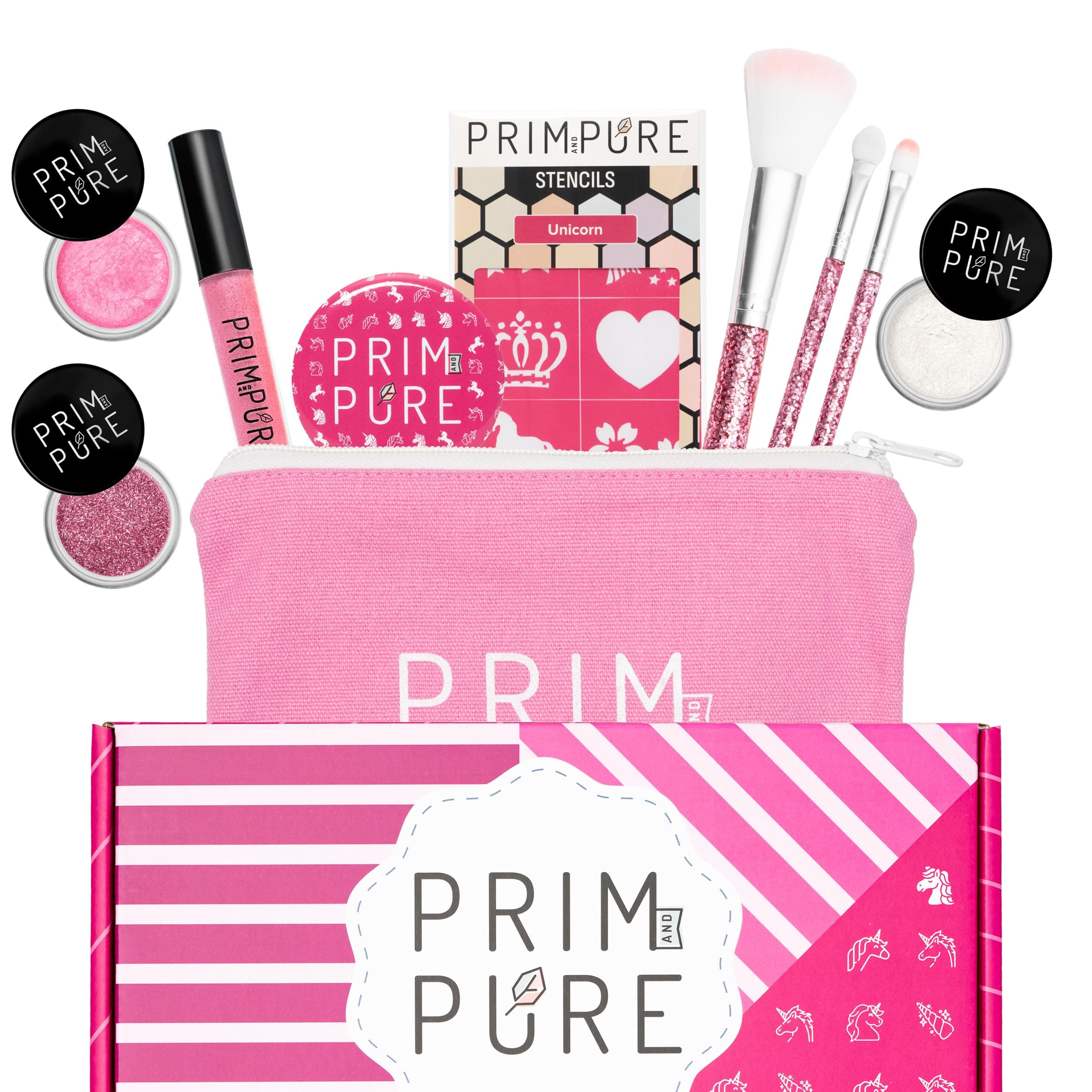 Prim and Pure Kids Makeup Gift Set - Stencil, Makeup Eyeshadow Bioglitter Lip Gloss and Cosmetic Bag Mirror Makeup Brush Accessories (Unicorn Pink)