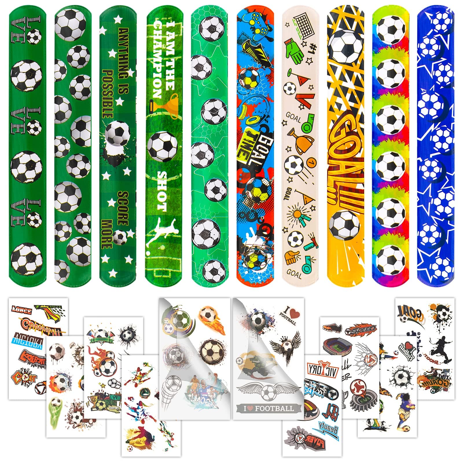 30Pcs Soccer Slap Bracelets Party Favors With Tattoo - Birthday Gifts and Decorations Snap Band for Kids Boys