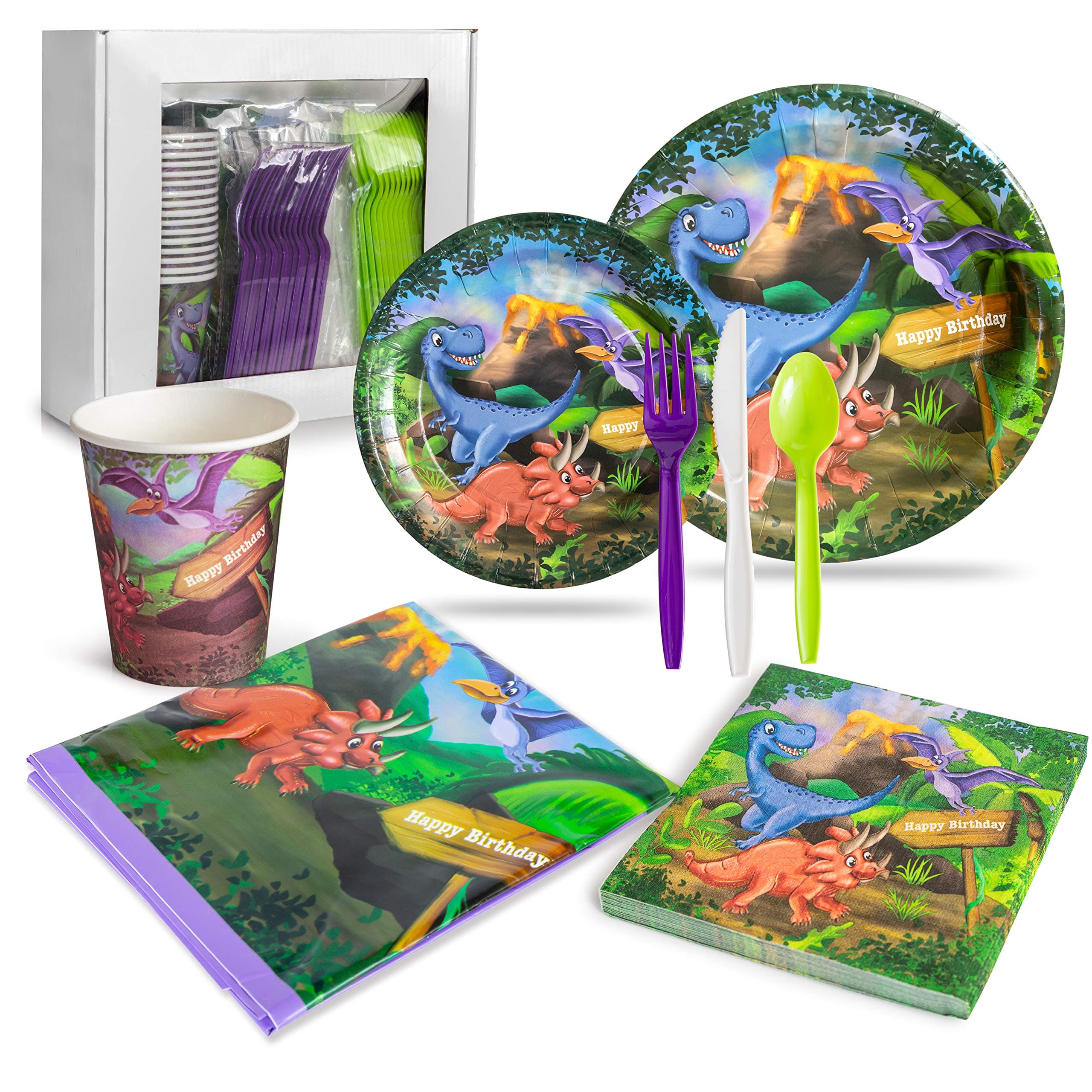 Dinosaur Birthday Party Supplies for Boys and Girls (16 Guests Set) - Dinner and Dessert Plates, Paper Cups, Plastic Cutlery, Napkins and Plastic Tablecloth for a Dinosaur-Themed Birthday Event