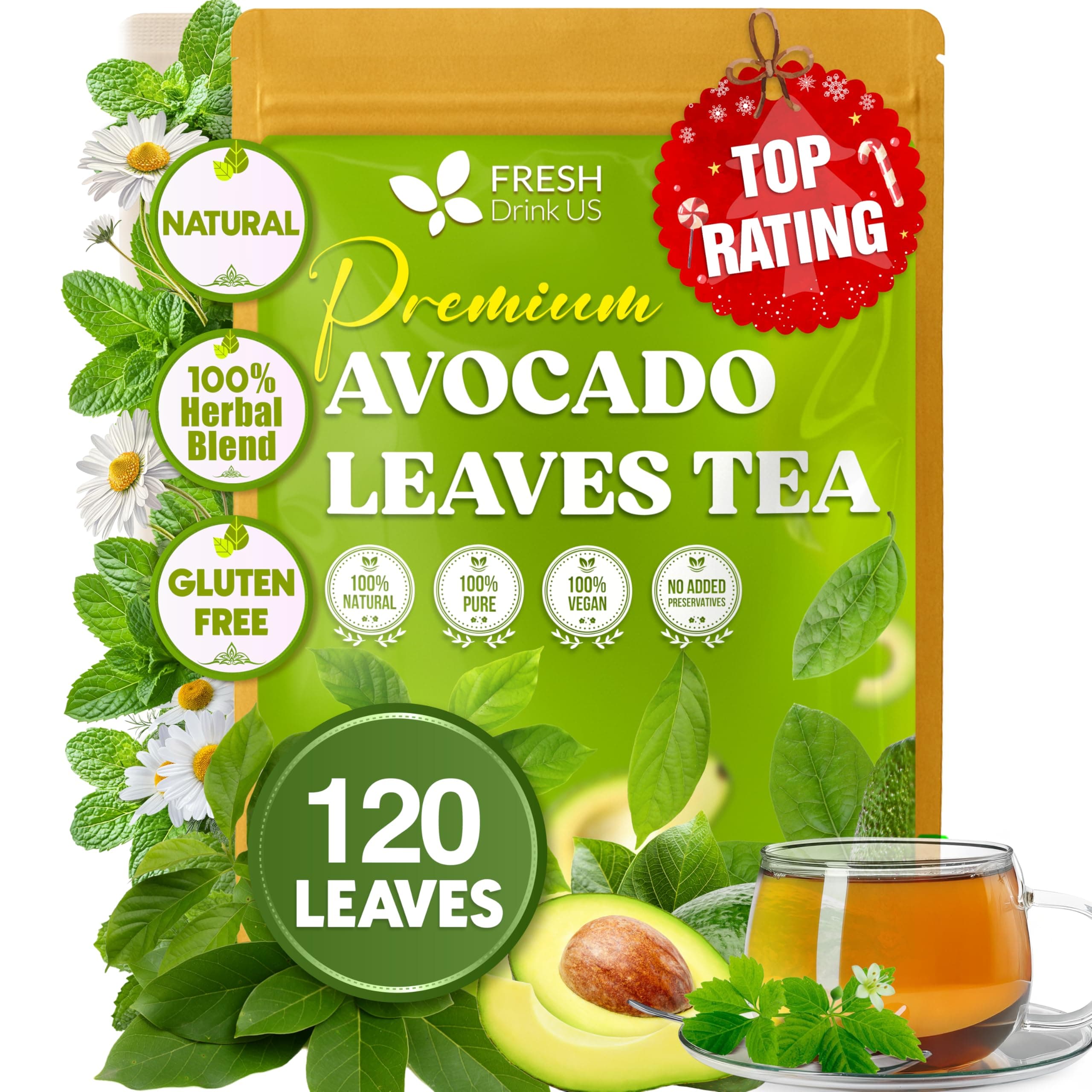 FRESHDRINKUS 120+ Premium Avocado Whole Leaves Dried, 100% Organic & Non-GMO, Gluten Free, Sugar Dried Avocado Leaves, Avocado Leaf Tea, No Additives, Caffeine, Vegan, 120 Count
