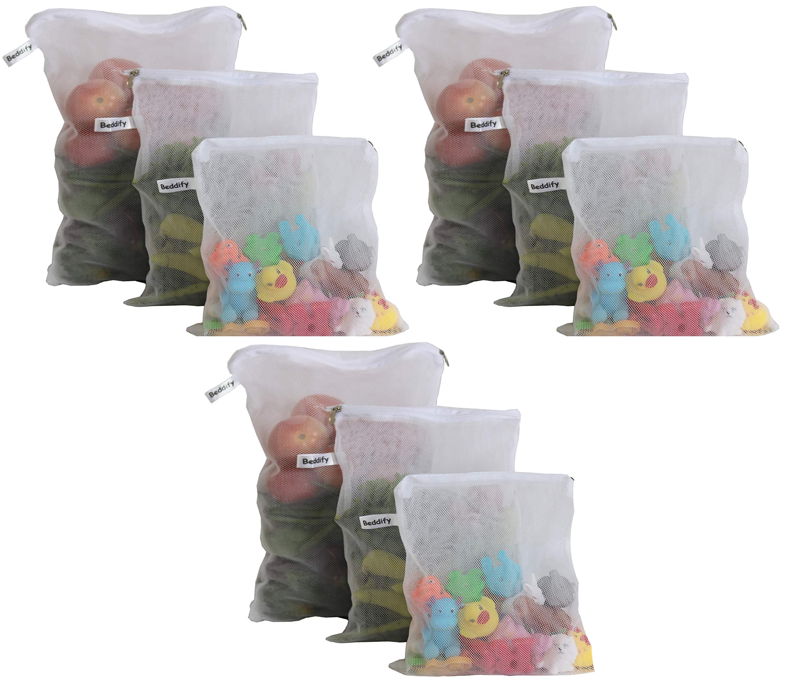 Beddify Set of 9 Reusable Fridge Storage Bags for Vegetables and Fruits with Zipper Dual Layer Mesh Net Multipurpose Multi-Size Kitchen Storage Bags Organizer (White)