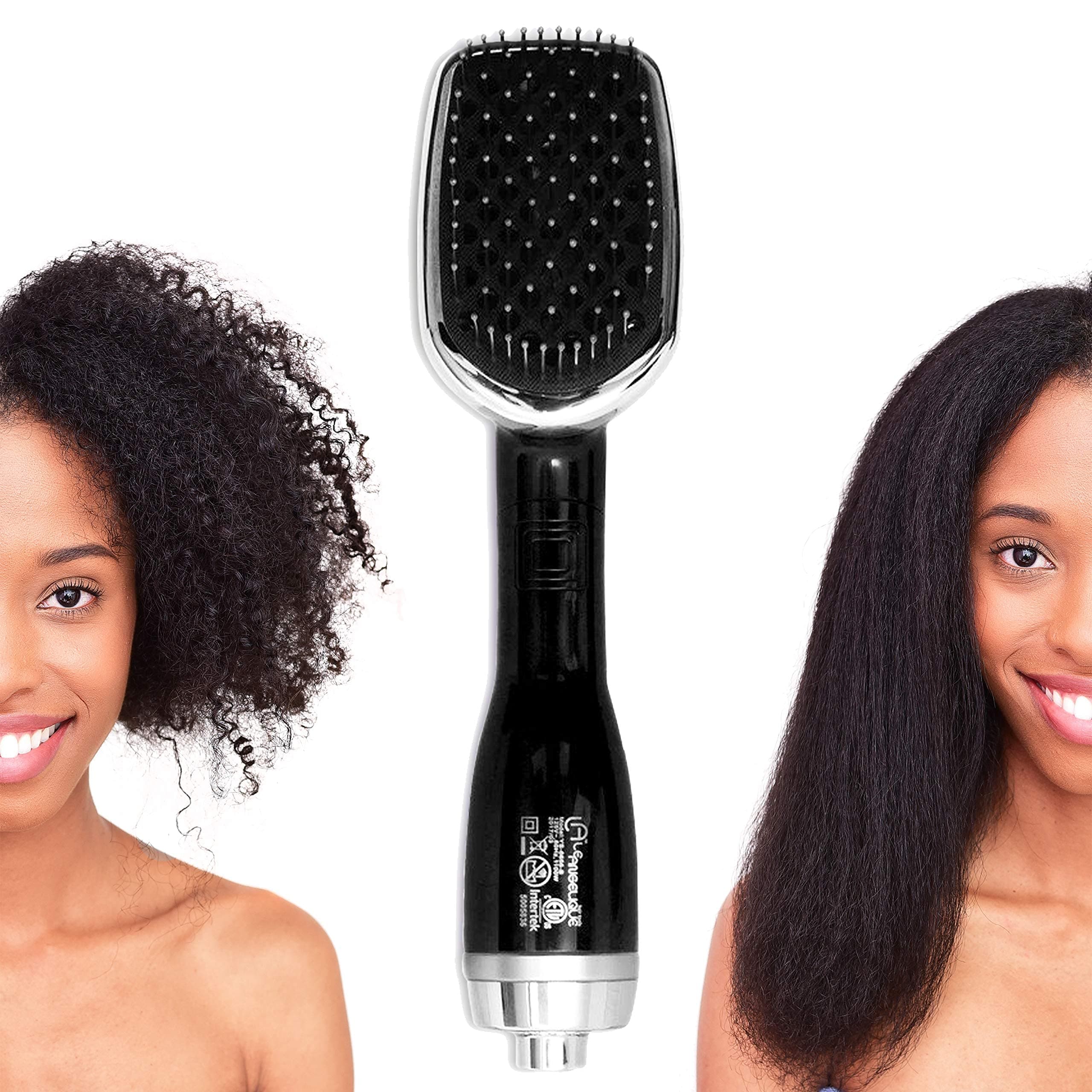 Le Angelique Brush N Blo - One Step Hair Straightening Comb & Brush for Easy & Quick Curly Hair Styling | 1000W Hot/Cold Air Straightener | No-Frizz Tourmaline Tech Detangles & Boost Shine - Black