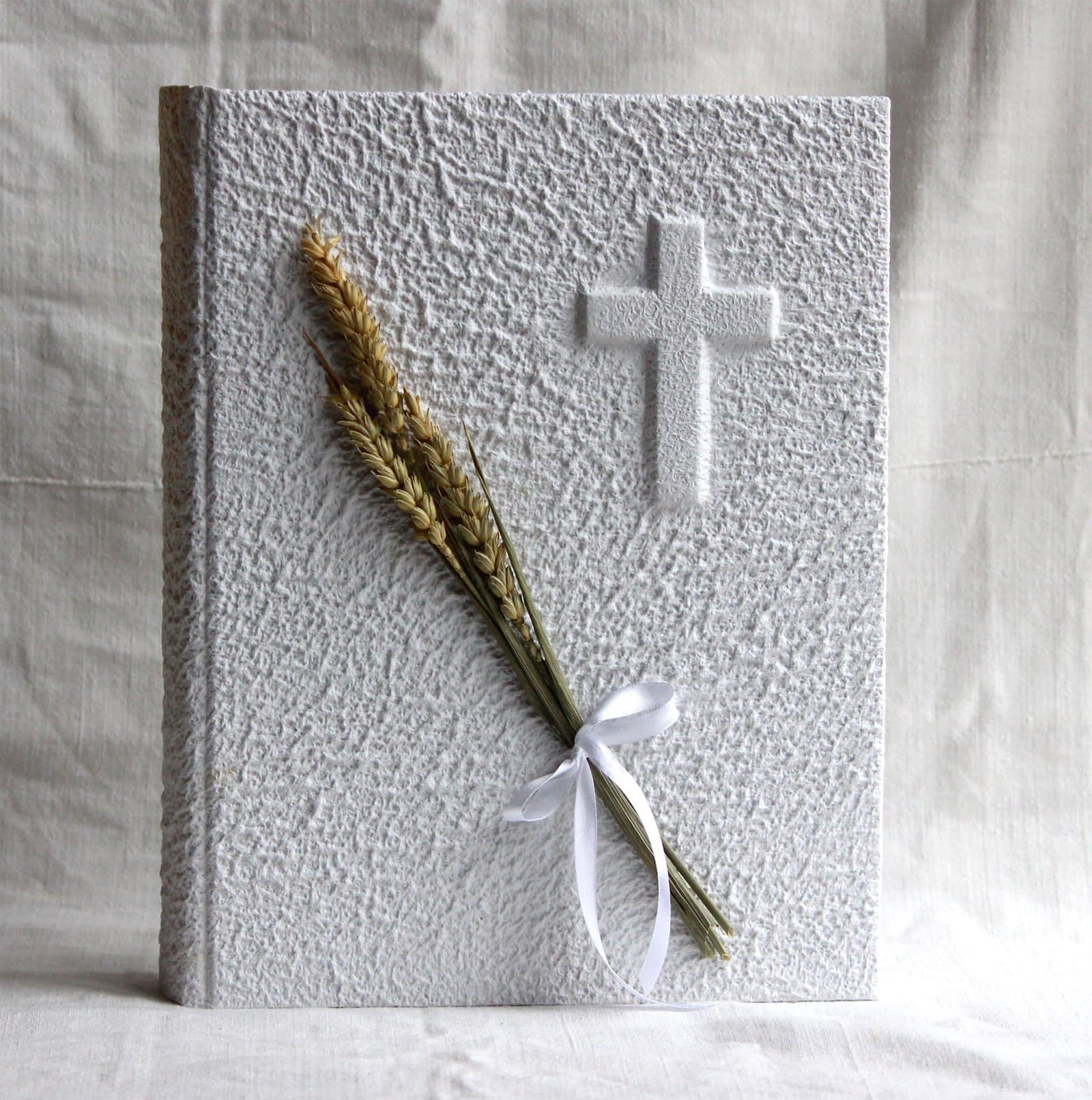 Photo Album Communion 23 x 30 Gift Ears of Wheat Cross Embossed Paper Moonrock Customizable Photo Frame Religious Ceremony White