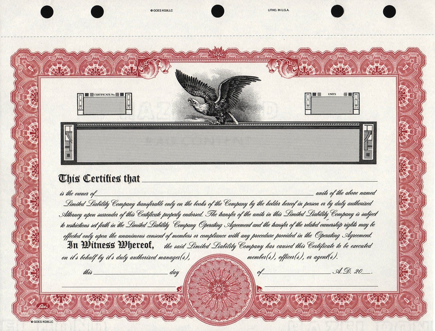 Exhibitindexes® KG9 LLC Stock Certificate Maroon - Made in The USA