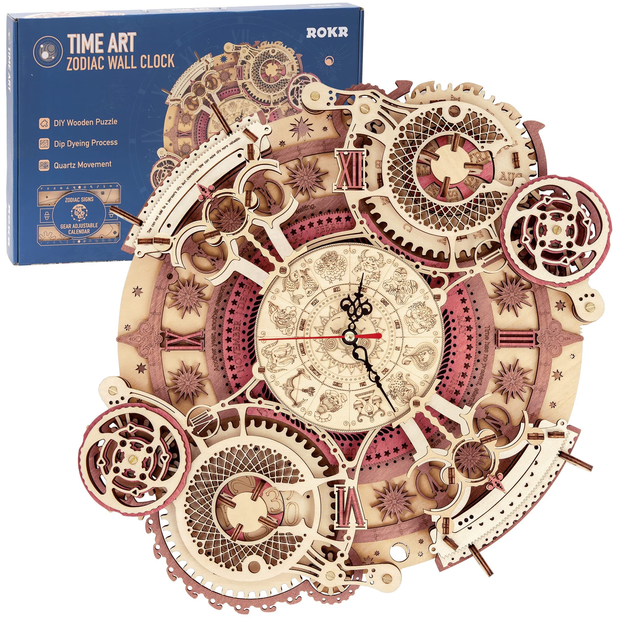 3D Wooden Puzzles for Adults-Wooden Clock Puzzle Kit-Wood Model Kits to Build for Adults-Zodiac Wall Clock