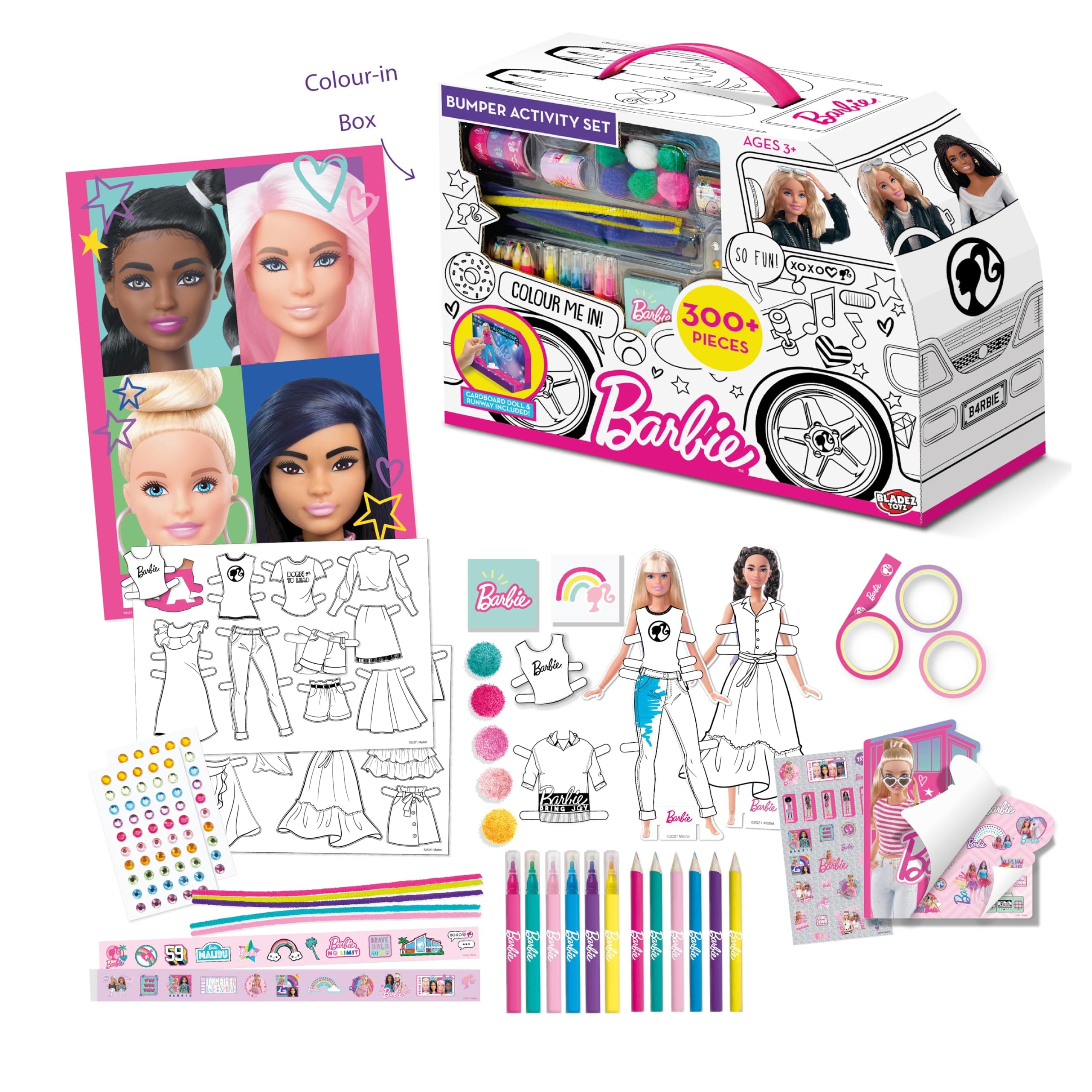 BLADEZ Barbie Bumper Activity Set, Arts and Crafts, Licensed Stationary Set with pens and Stickers, Colour-in Camper Van, 300+ Pieces, Creative Maker Kitz Toyz