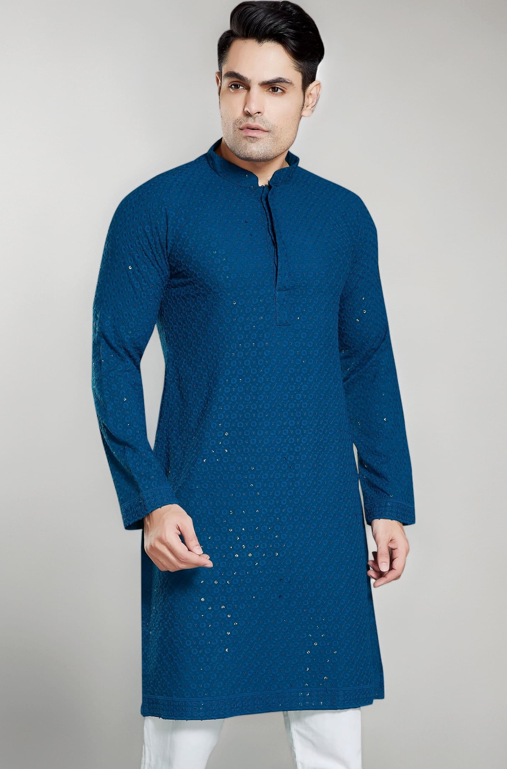 Men's Sequince Embroidered Cotton Blend Only Slim Fit Kurta