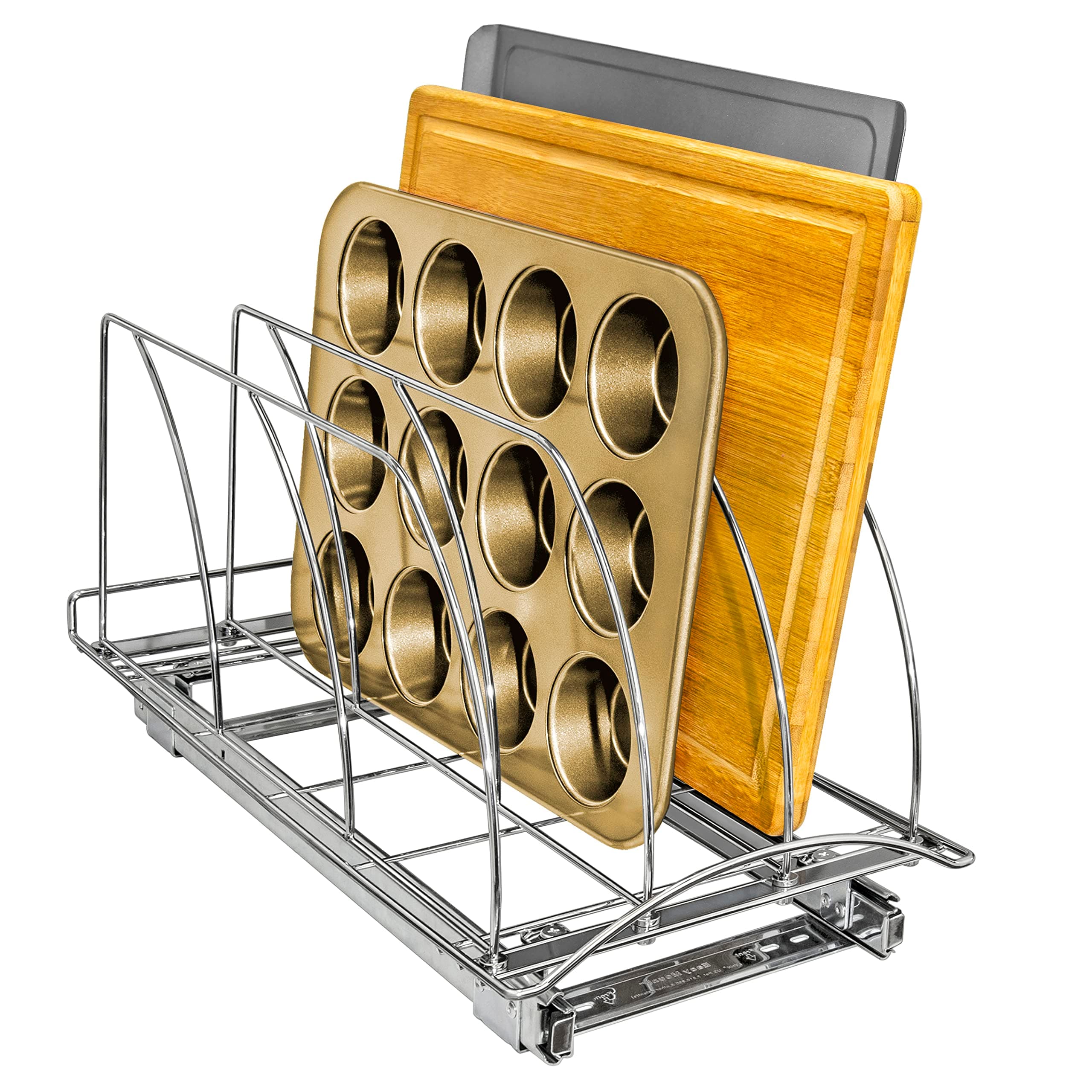 LYNK PROFESSIONAL® Pull Out Cookie Sheet Organizer for Cabinet – Baking Sheet Organizer – Sheet Pan Organizer - Lifetime Ltd. Warranty – 10” x 21” Deep Inside Cabinet, Chrome