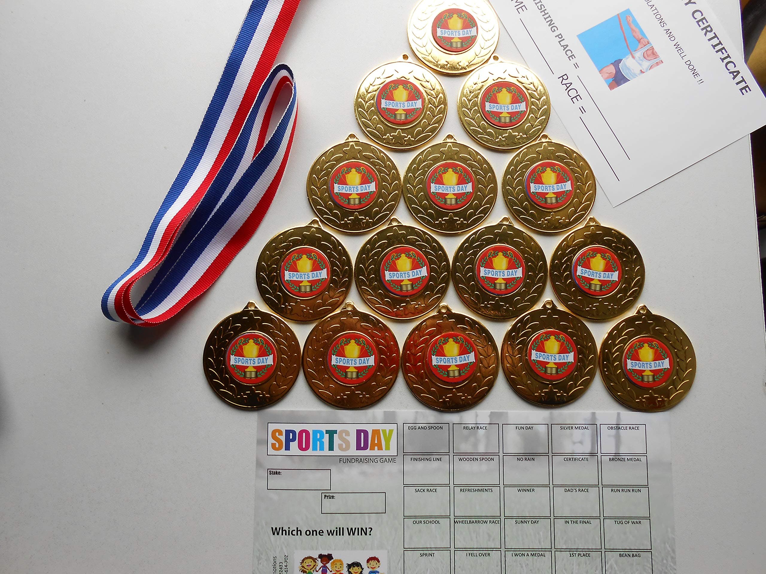 SPORTS DAY MEDAL SET (red) - 15 metal 50mm MEDALS WITH RIBBONS/CERTIFICATES/SCRATCH CARD= raise funds!