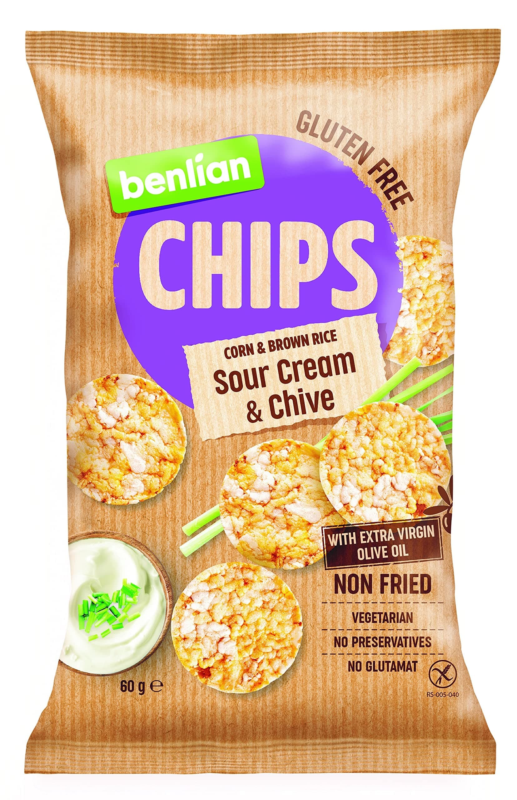 Gluten Free Chips Corn & Brown Rice, Sour Cream Chive 60g | With Extra Virgin Olive Oil, Non Fried, Vegetarian, No Preservatives, Glutamat