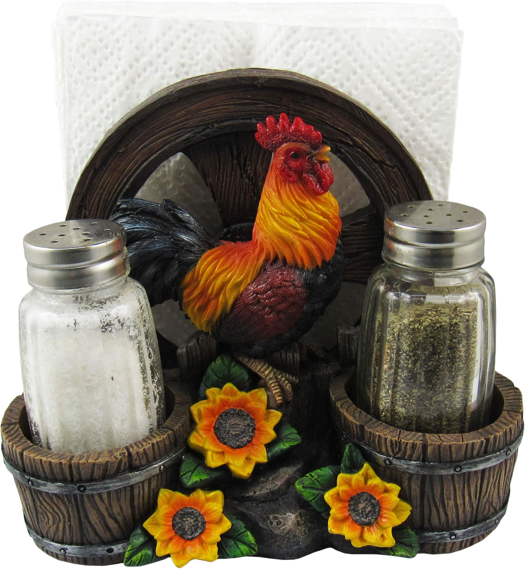 DWK - Country Diner - Rooster with Wagon Wheel Farm Barrel and Sunflowers Napkin Salt & Pepper Shaker Holder Home Décor Kitchen Accessory Dining Accent 3-Piece Set, 6-inch