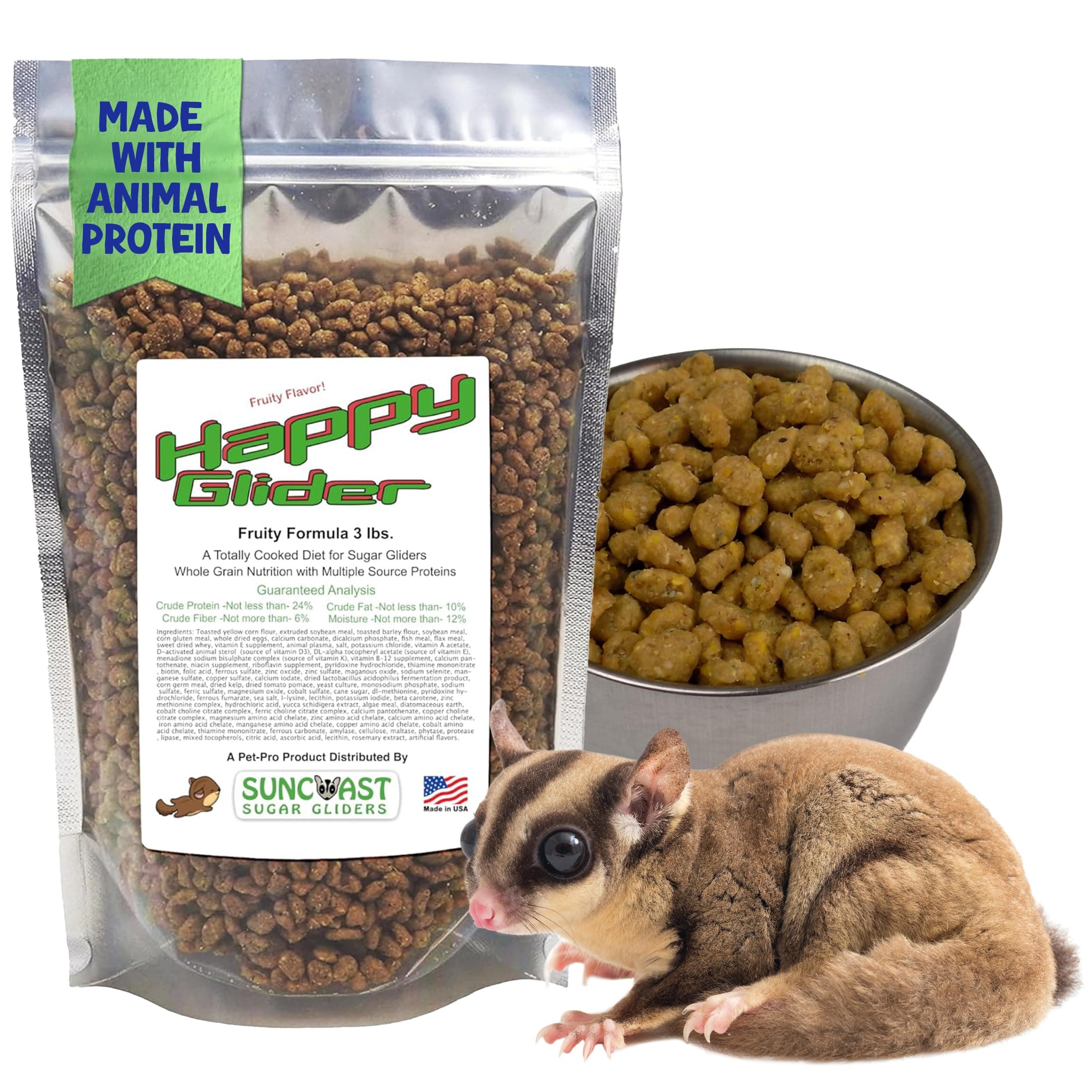 Happy Glider Premium Sugar Glider Food - High Protein, Calcium, Vitamins and Minerals, Complete Nutrition for Small Animals and Exotic Pets, 4 Months Supply - Fruity, 3 lbs