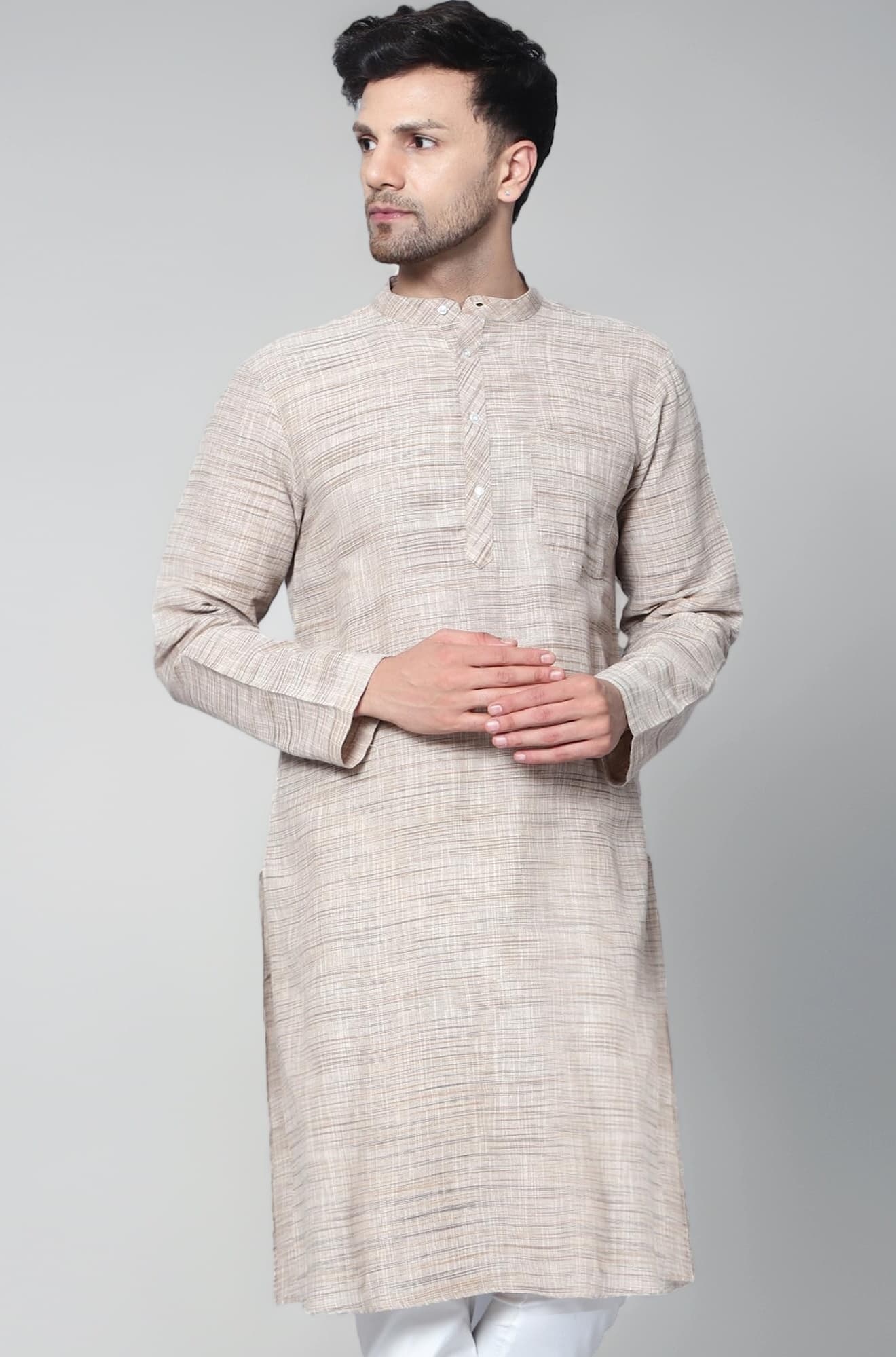 LATEST CHIKAN Men's Cotton Regular Textured Long Kurta Full Sleeves - Casual Ethnic Wear