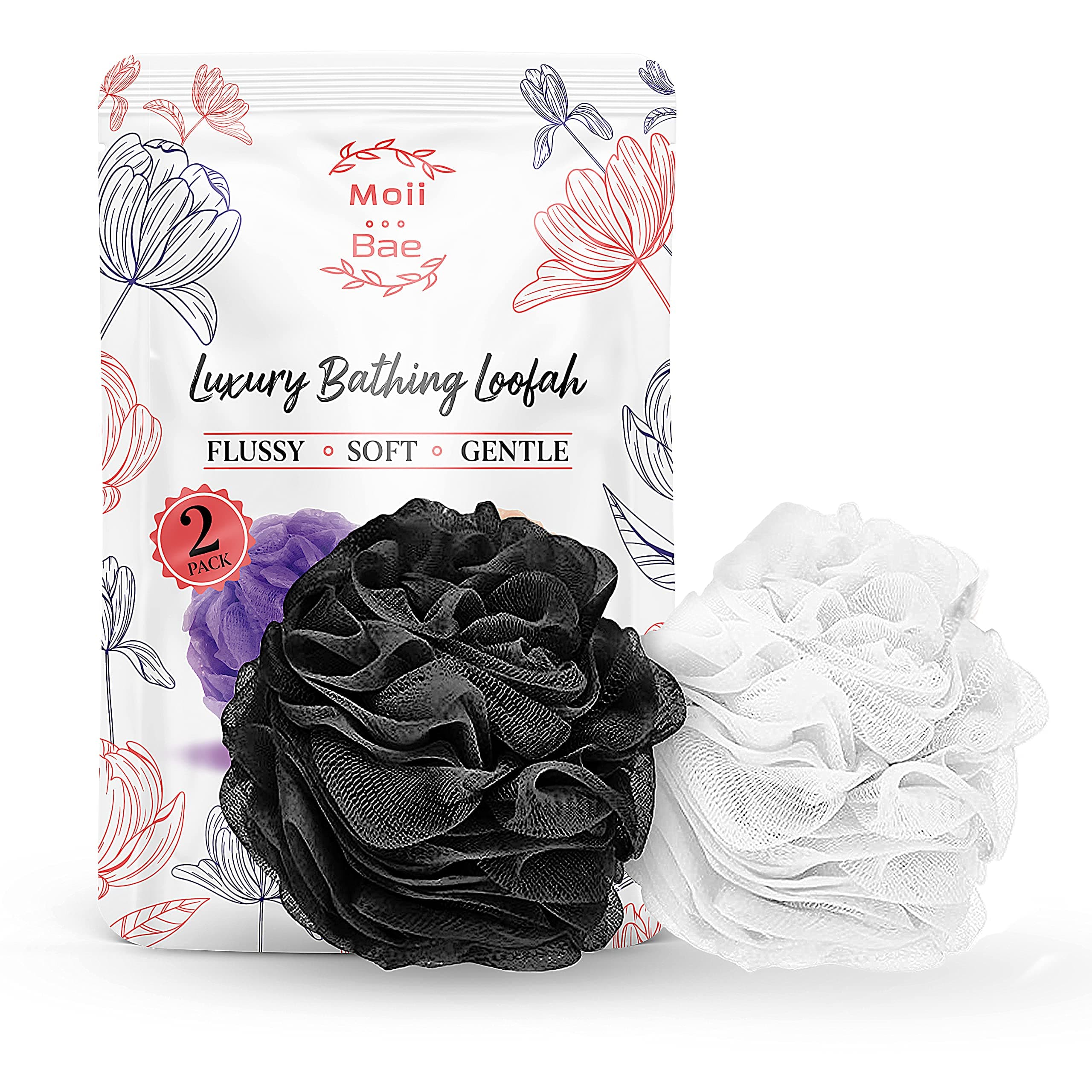 Moii Bae Premium Luxury Bathing Loofah Sponge Scrubber for Men & Women (Black and White) Pack of 2