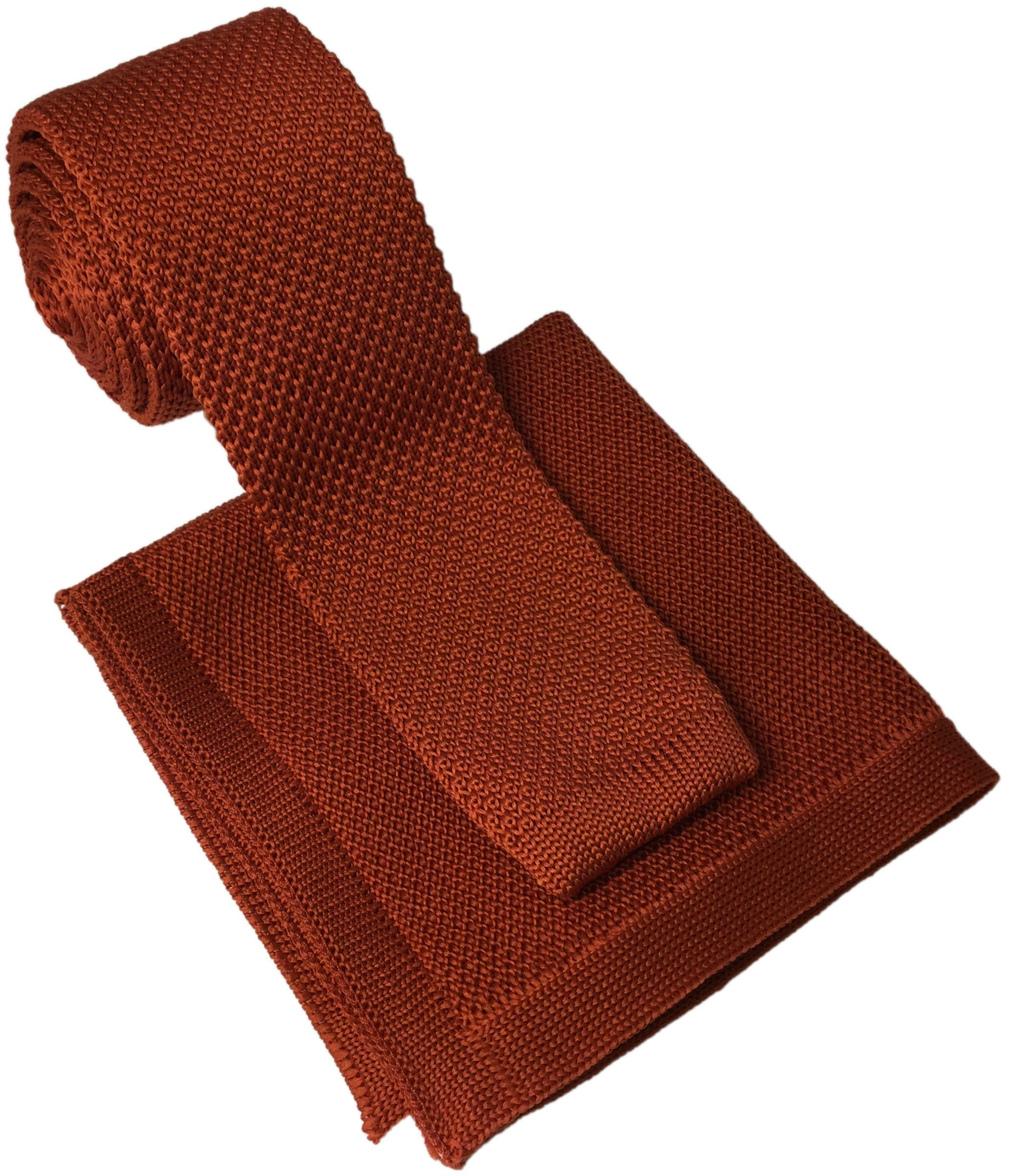 Burnt Orange Knitted Tie & Matching Pocket Square
