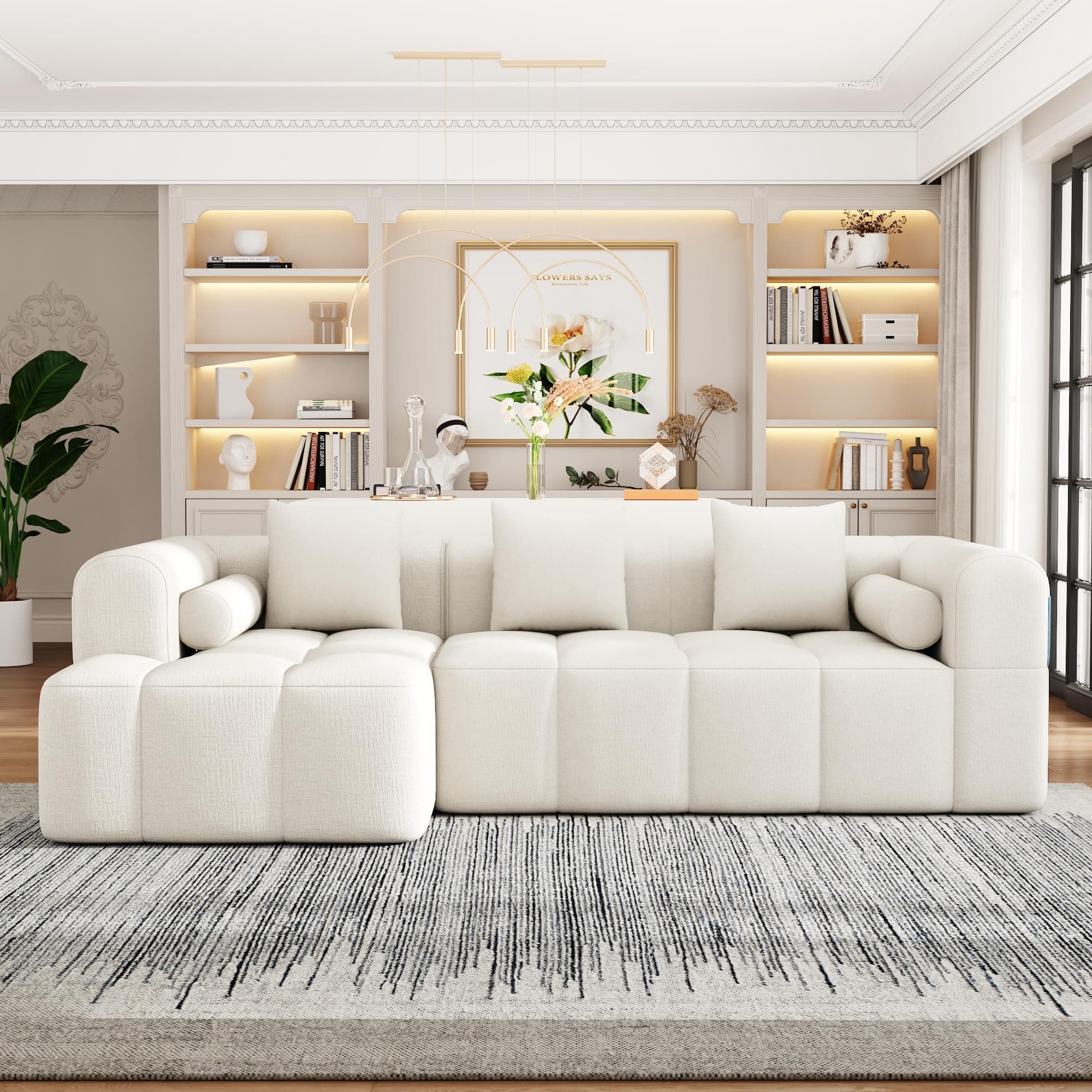 101.2" Sectional Sofa Full-Compressed Modular Sofa Couch Free-Combined with Deep Seating and Two Side Pockets for Living Room (Beige@90)