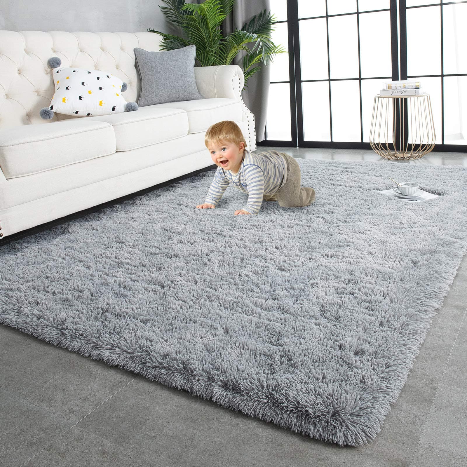 TWINNIS Super Soft Shaggy Rugs Fluffy Carpets, 8x10 Feet, Indoor Modern Plush Area Rugs for Living Room Bedroom Kids Room Nursery Home Decor, Upgrade Anti-Skid Rectangular Fuzzy Rug, Grey