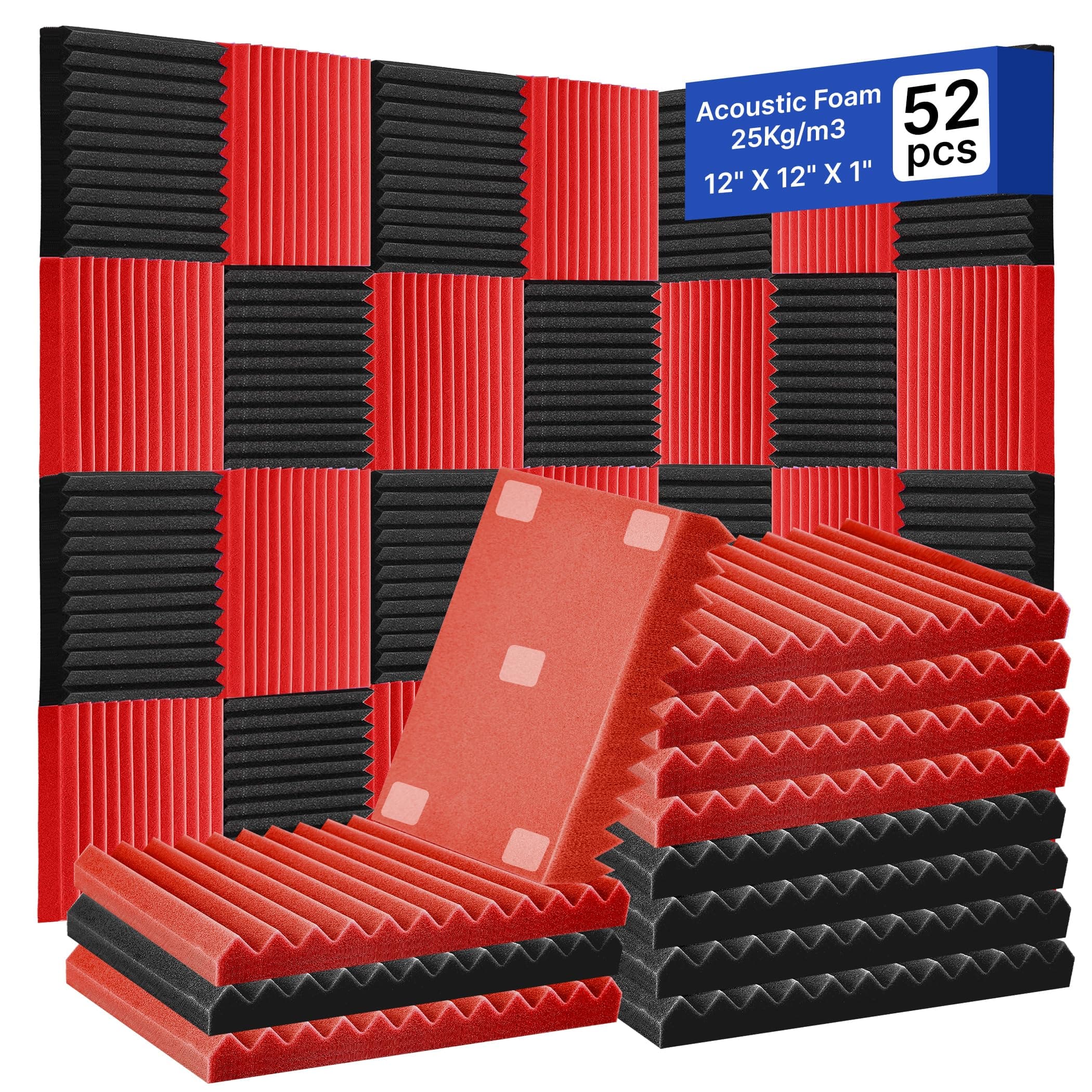 52 Pack Acoustic Foam Panels,1" x 12" x 12" Acoustic Wedge Studio Foam Sound Absorption Wall Panels (BLACK/RED)