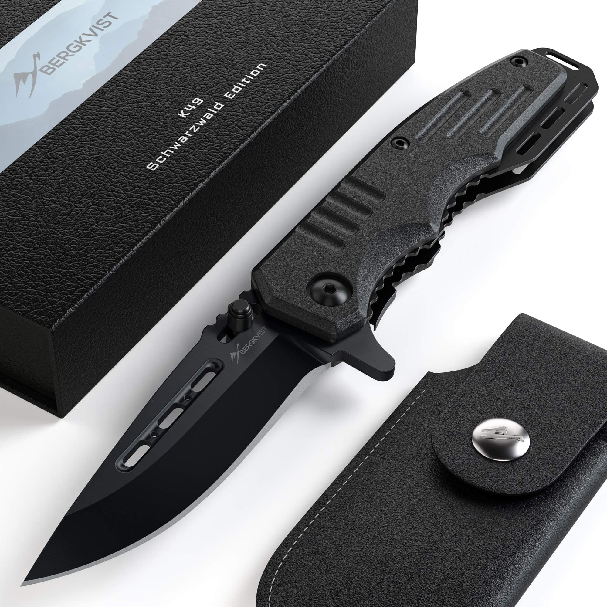 BERGKVIST® jackknife K49 black forest outdoor knife fish knife I pocket knife Outdoor folding knife black I Sharp hunting knife with stainless steel blade I survival knife with knife sharpener