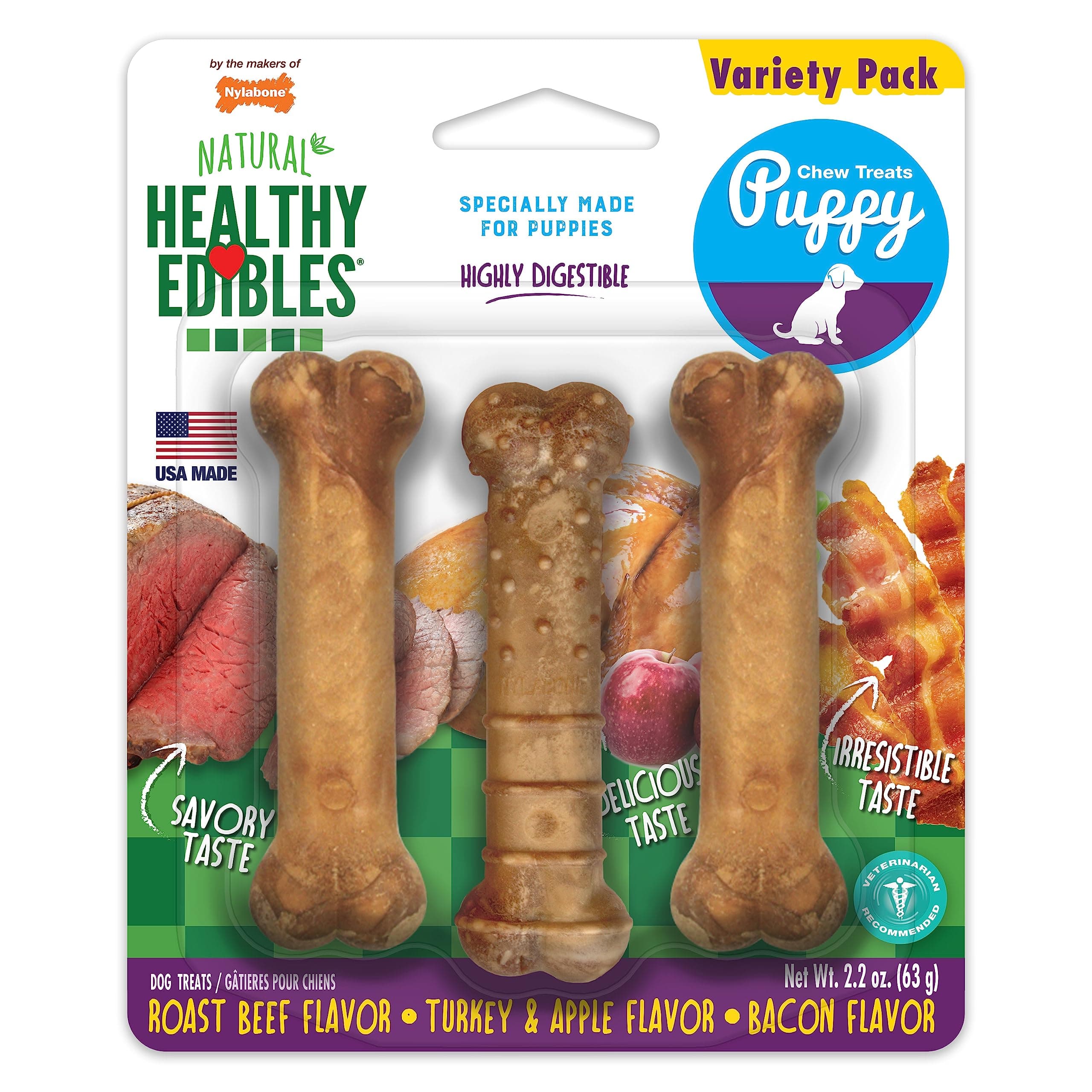 Nylabone Healthy Edibles Puppy Starter Kit (Bacon, Roast Beef, Turkey & Apple) 3Ct Card Petite Edible