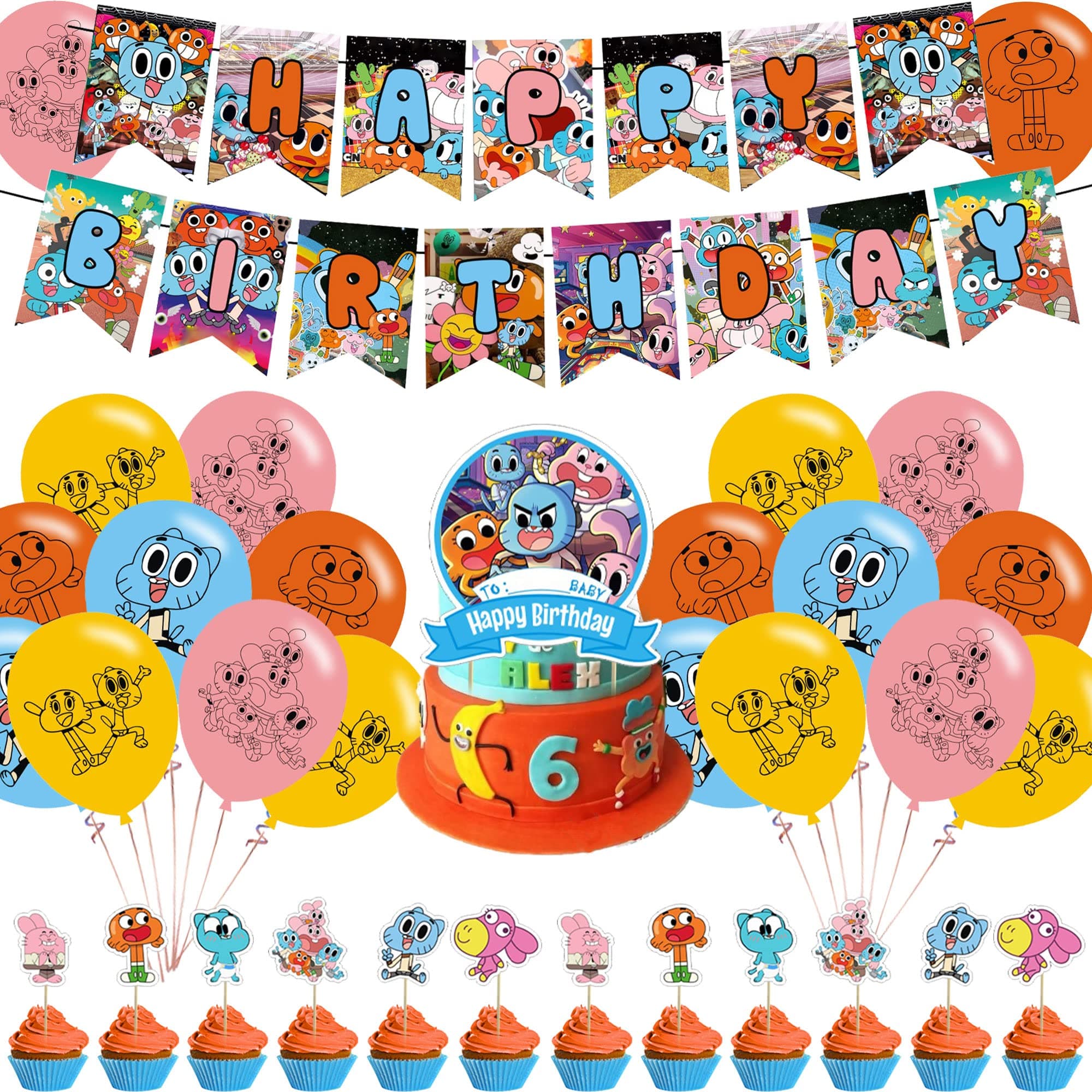 Generic The Amazing World of Gumball Birthday Party Supplies,Gumball Party Supplies With Birthday Banner,Cake Topper,Cupcake Topper,Latex Balloon