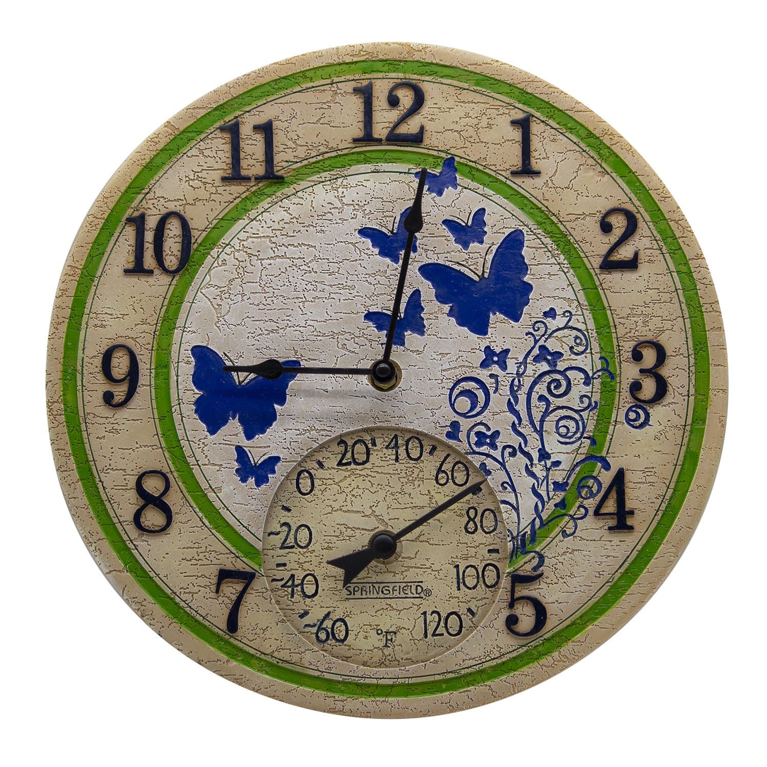 Taylor Precision Products 92683 Poly Resin Butterfly Garden Clock with Thermometer, 14" Dial, Multicolored