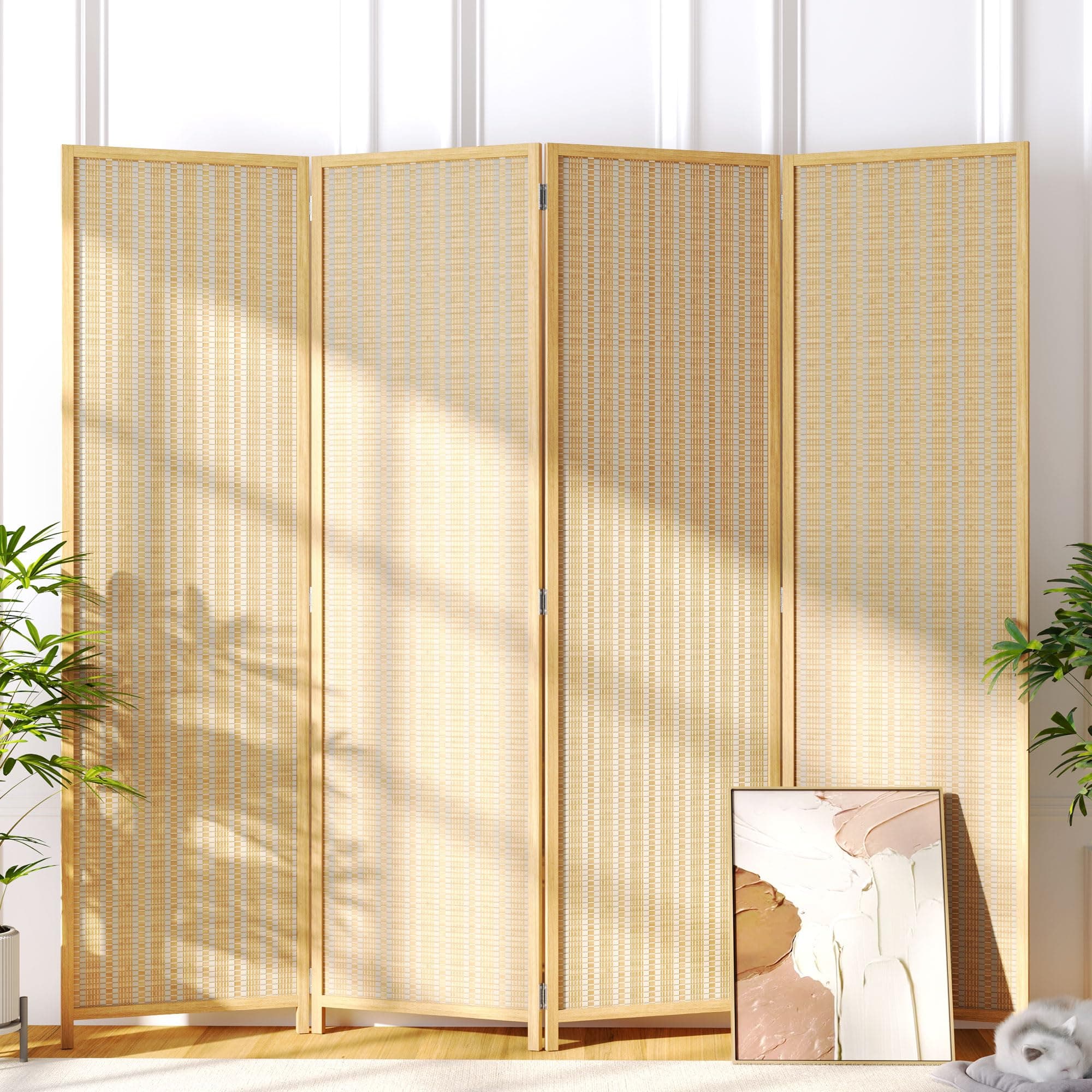 JOSTYLE Room Divider 4 Panel Folding Privacy Screen, Bamboo Room Divider Screen - 6 ft. Tall Wall Divider for Room Separation Freestanding Partition Separators, Beige, 70.9" H x 79.9" W