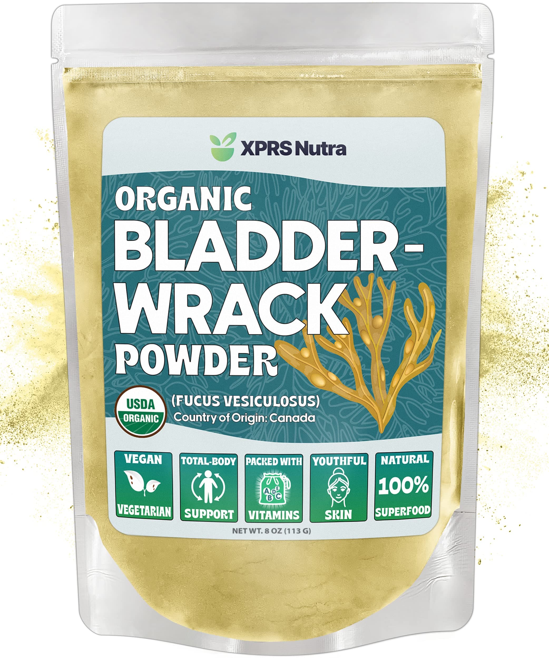 XPRS Nutra Organic Bladderwrack Powder (Fucus Vesiculosus) - Premium Organic Powder for Glowing Skin - Vegan Friendly Bladderwrack Herb Iodine Supplement (8 Ounce)