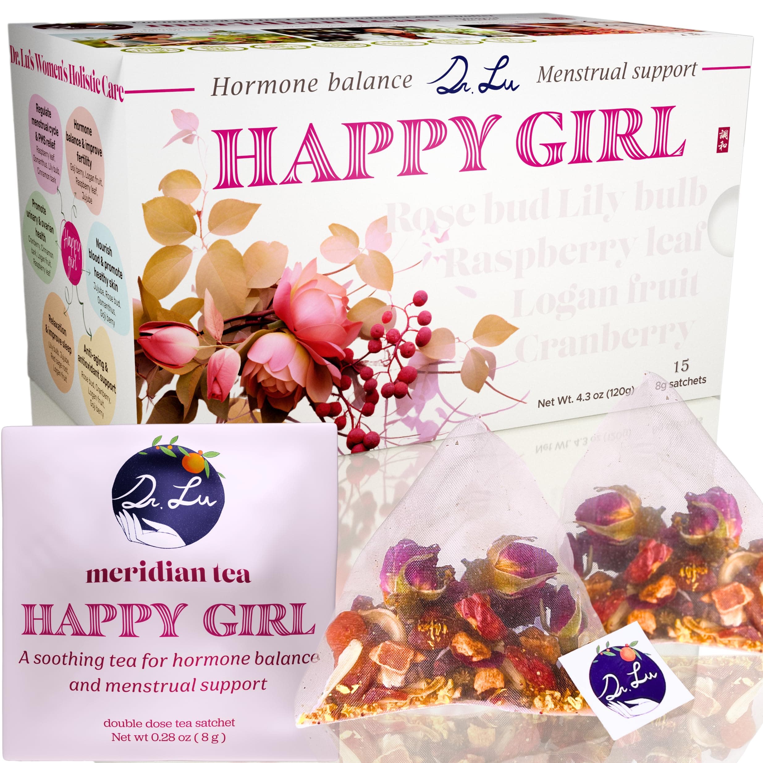 Dr. Lu's Happy Girl Tea | 100% Natural Herbal Tea for Hormone Balance, Menstrual, PMS, PCOS & Menopause | Antioxidant & Anti-Aging Rose Tea with Raspberry Leaf, Cranberries, Goji Berries & More