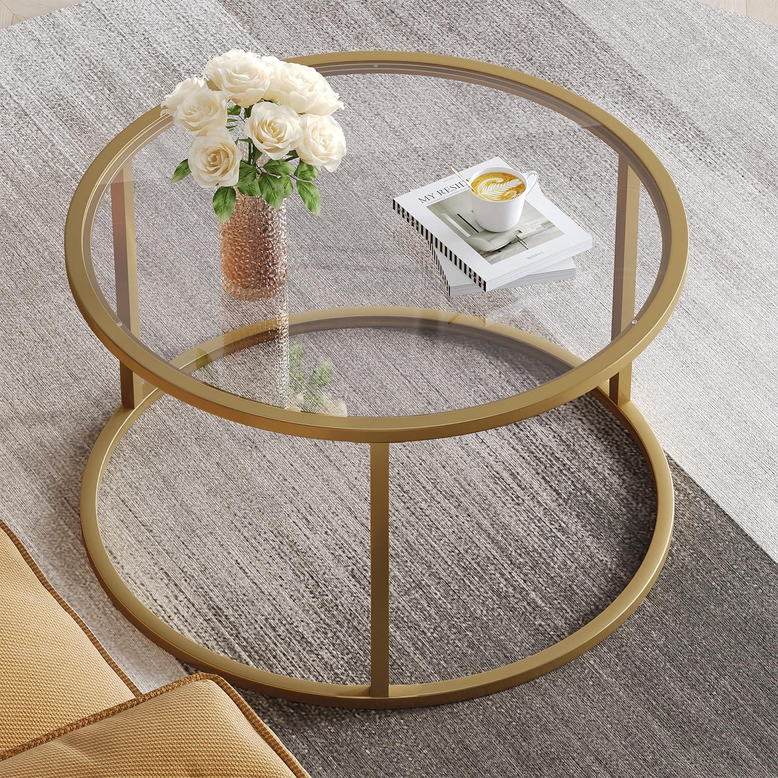 SAYGOERSmall Glass Coffee Table Round Gold Coffee Table for Small Space Modern Simple Center Table with Gold Frame for Living Room Home Office, Easy Assembly