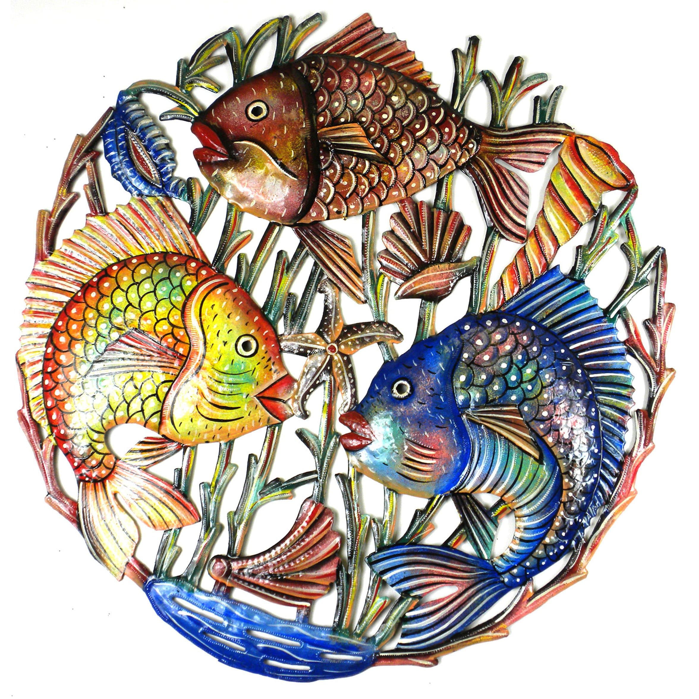 Global Crafts21" Recycled Hand-Painted Haitian Metal Wall Art Sea Life, Trio Fish
