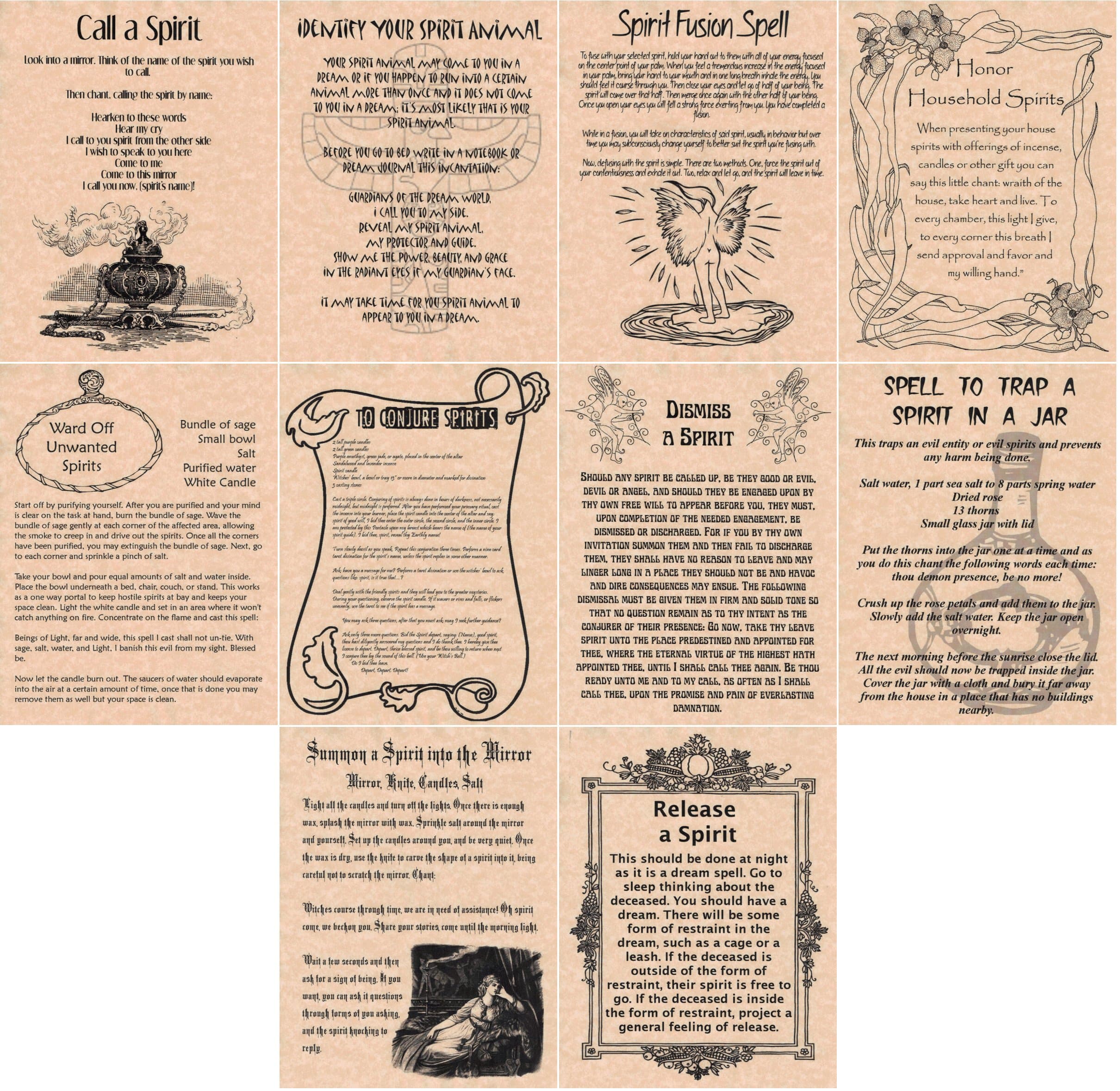 The Grimoire Book of Shadows Spell Pages, Set of 10 Spirit Spells, Wicca, Witchcraft, Spirit Working, Real Spells (Copper)