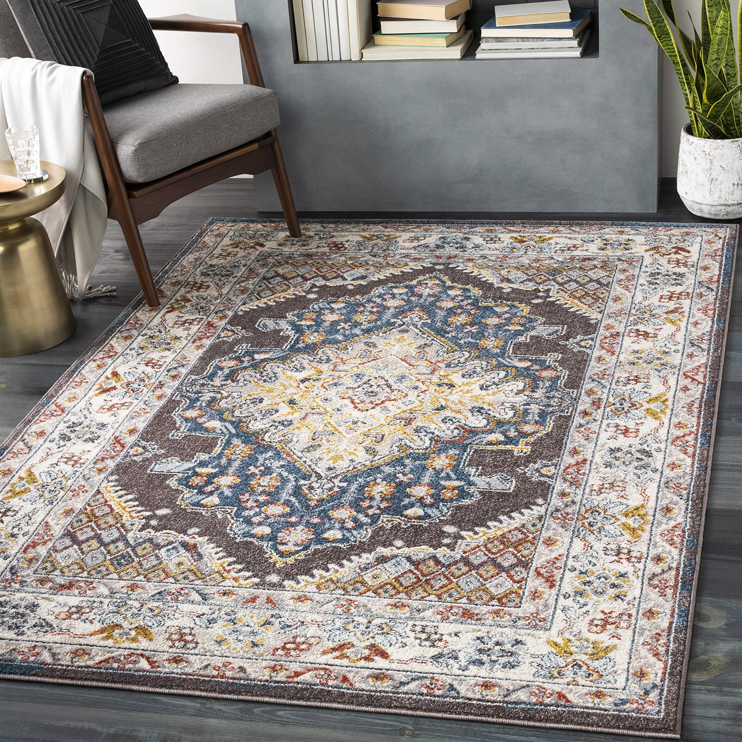 Livabliss Area Rugs - 6x9 Anja Oriental Boho Blue Rug for Living Room Bedroom - Large Gray Cream Floral Medallion Stain Resistant Carpet for Kitchen, Home Office and Nursery (6'7" x 9')